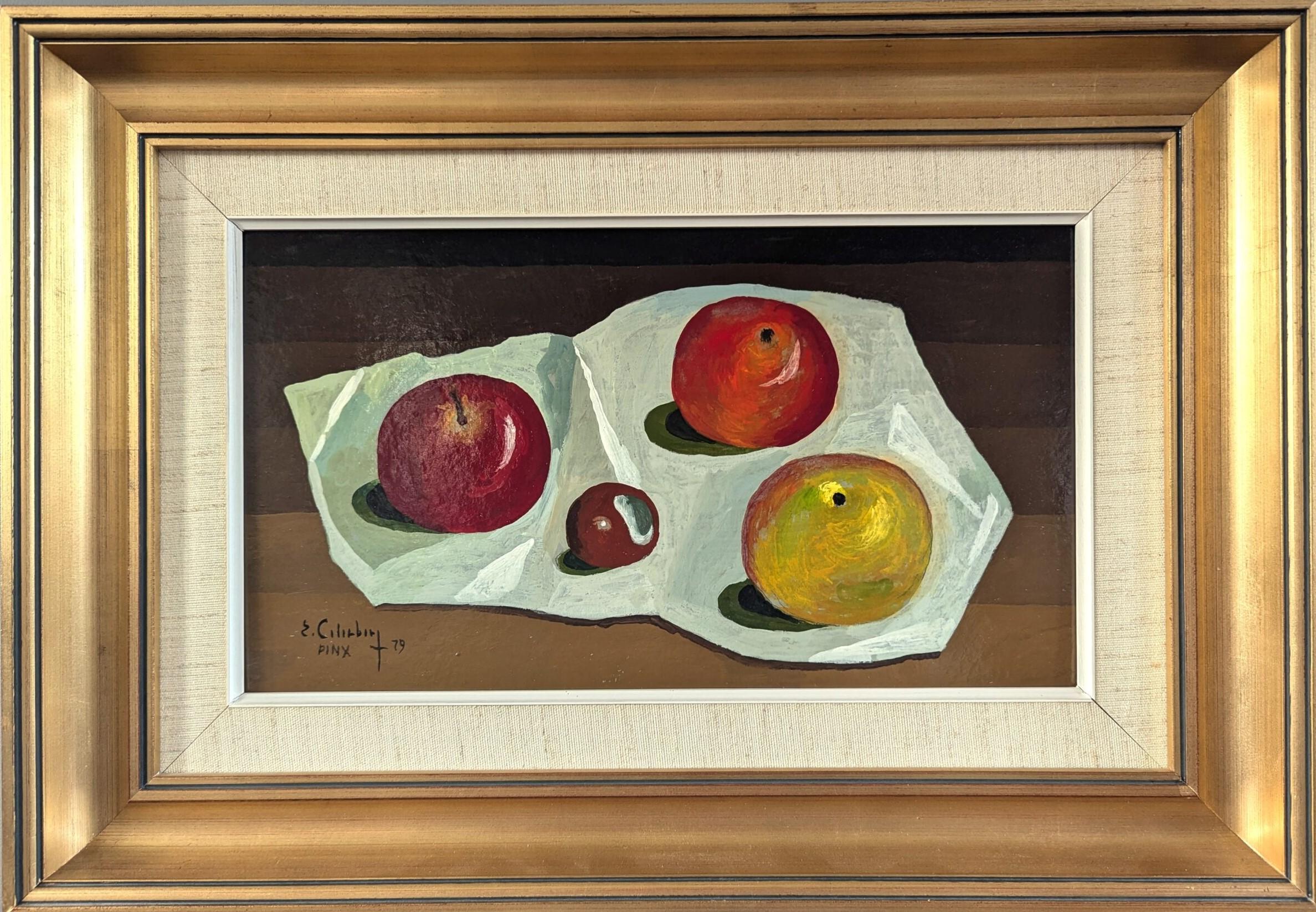 1979 Tempera Modernista - Natura morta d'epoca - Frutti su tela bianca