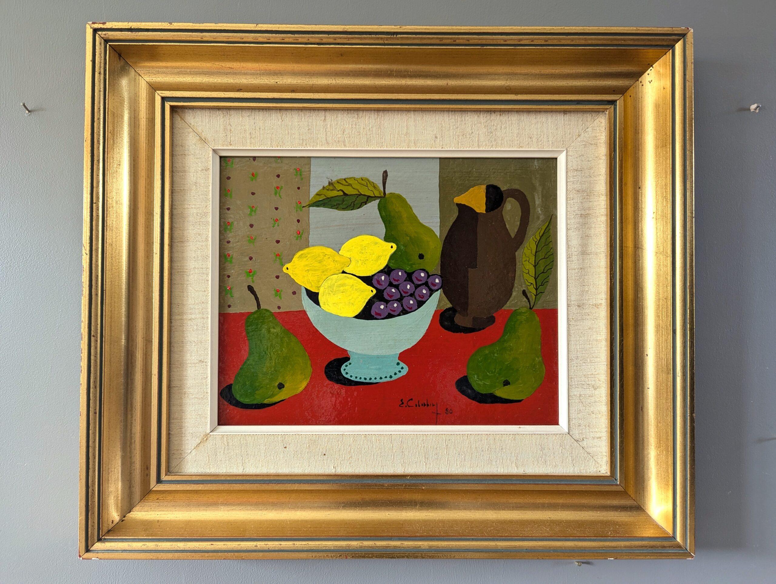 1980 Mini bodegón moderno sueco al temple - Limón y peras - Painting de Eric Cederberg