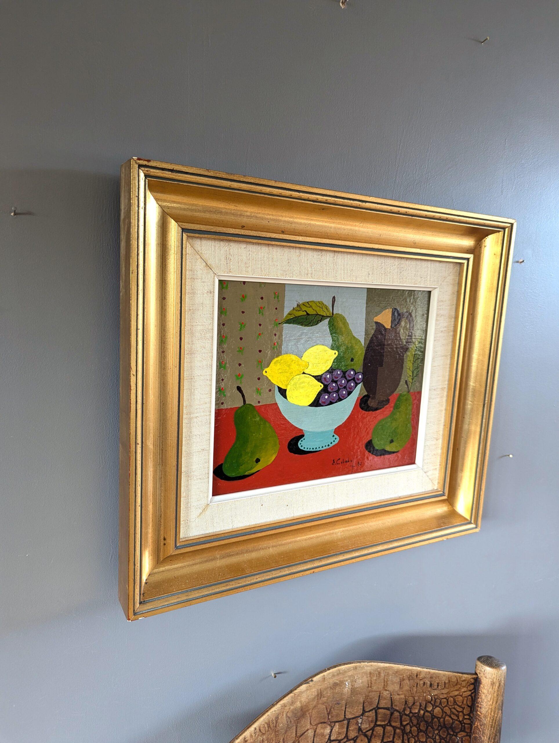 1980 Mini bodegón moderno sueco al temple - Limón y peras - Still-Life Painting Marrón de Eric Cederberg