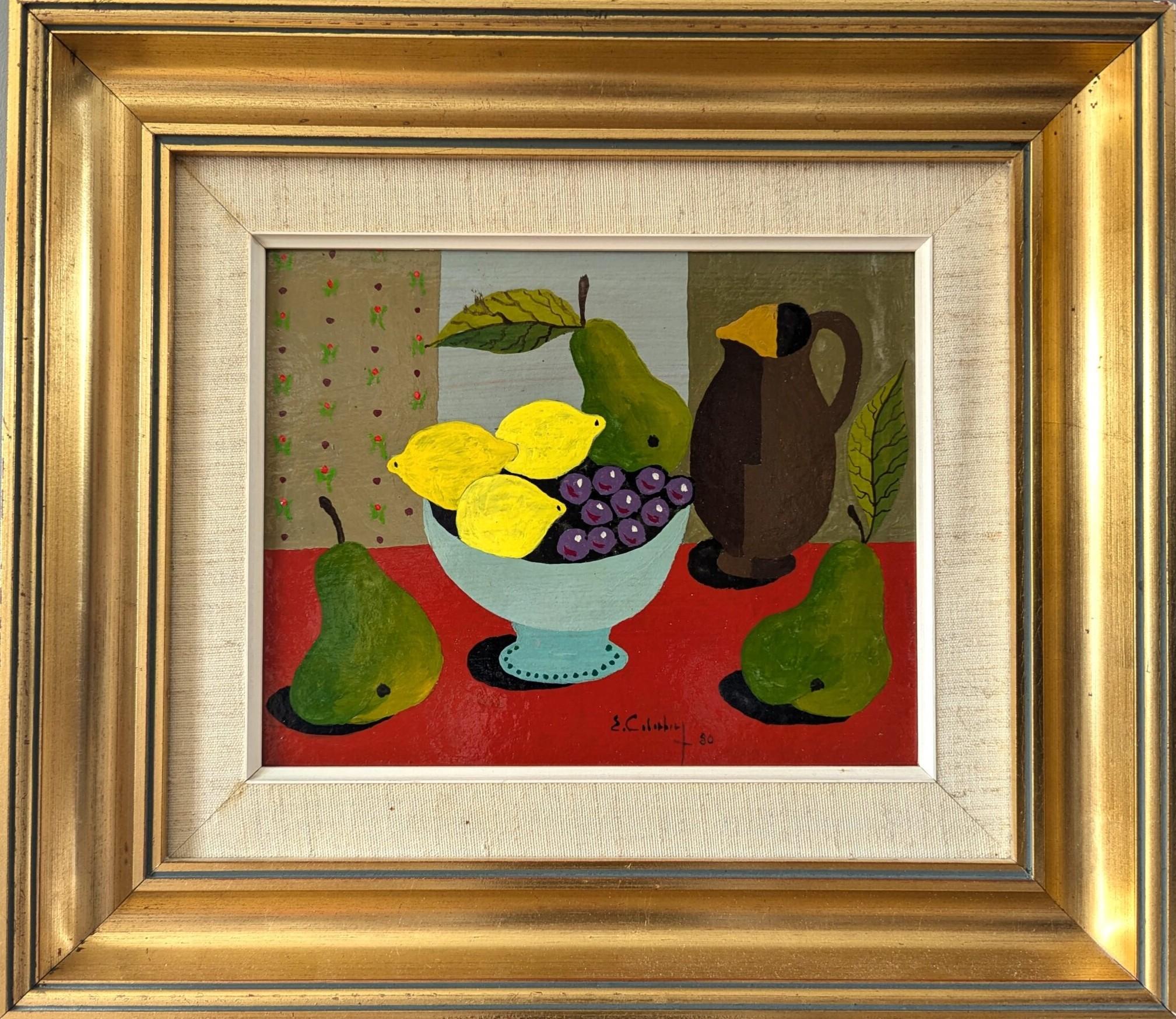 Still-Life Painting de Eric Cederberg - 1980 Mini bodegón moderno sueco al temple - Limón y peras
