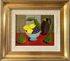 1980 The Modern Modernity Swedish Mini Still Life Tempera Painting - Lemon & Pears