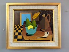 Modernes schwedisches Mini-Stillleben aus der Mitte des Jahrhunderts Temperagemälde - Birnen und Pfeifen