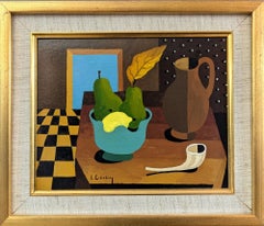Mid Century Modern Mini Swedish Still Life Tempera Painting - Pears & Pipe