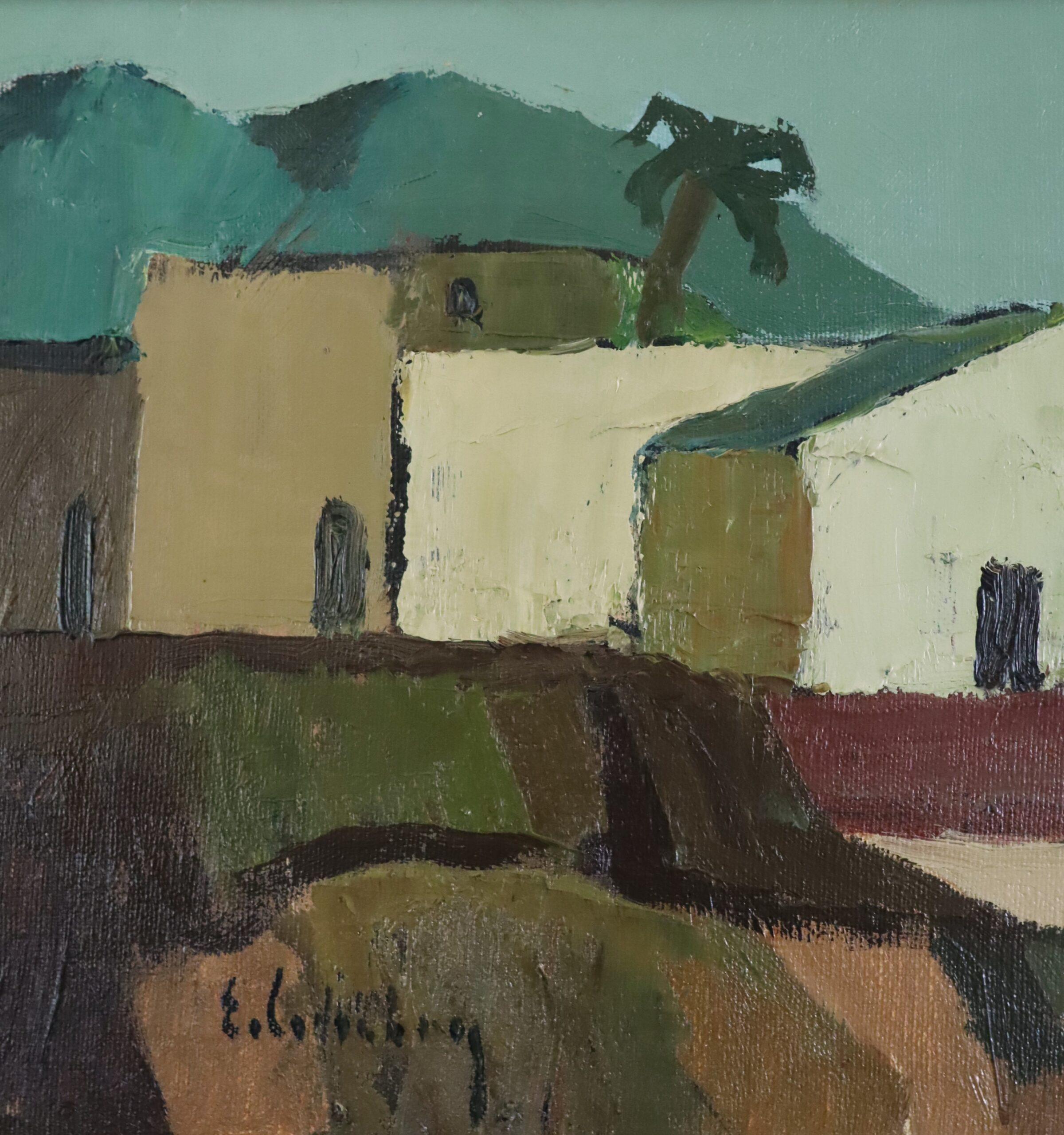 Pittura ad olio di paesaggio svedese originale della metà del secolo scorso - Villaggio illuminato dal sole in vendita 5