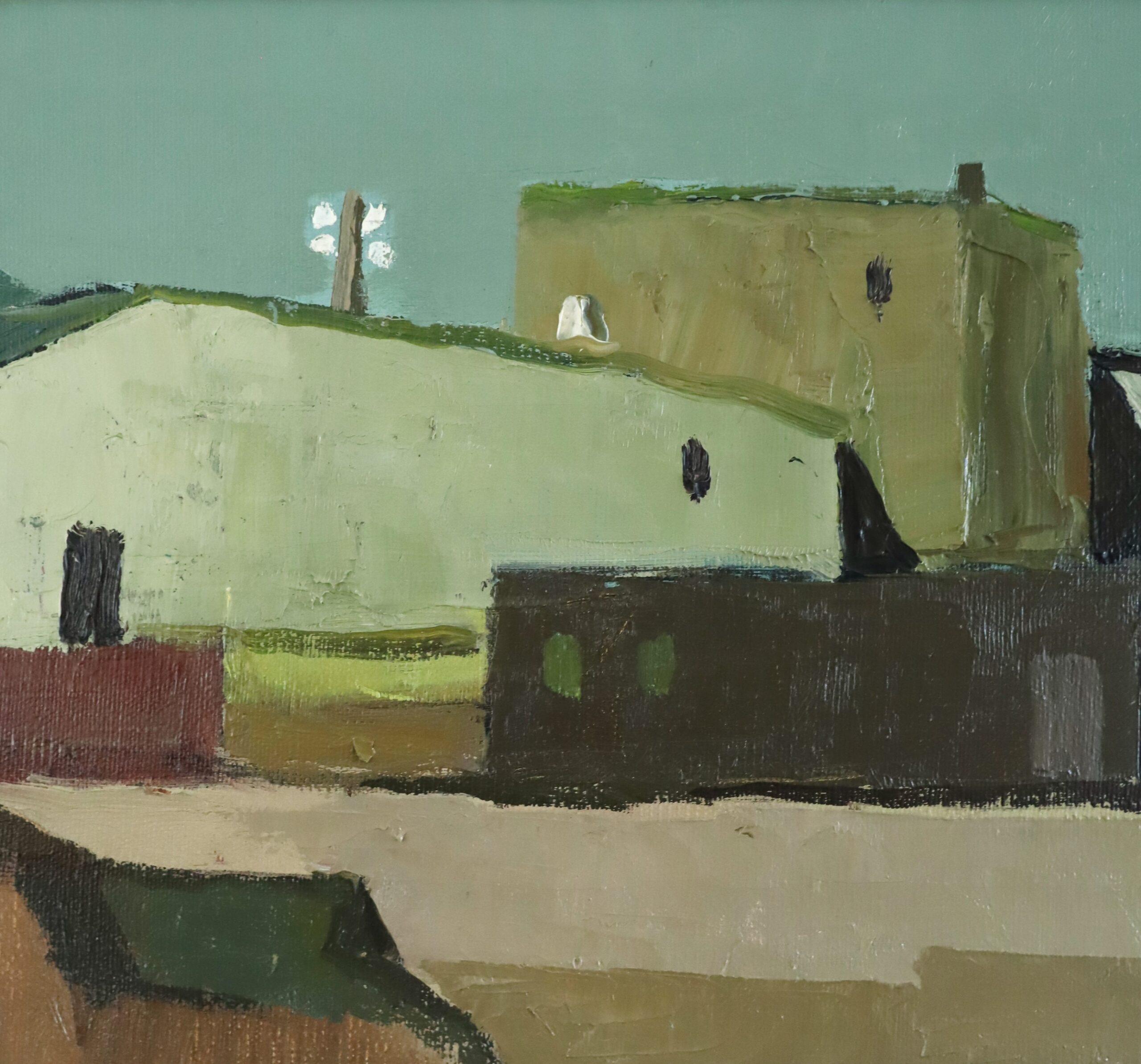 Pittura ad olio di paesaggio svedese originale della metà del secolo scorso - Villaggio illuminato dal sole in vendita 6