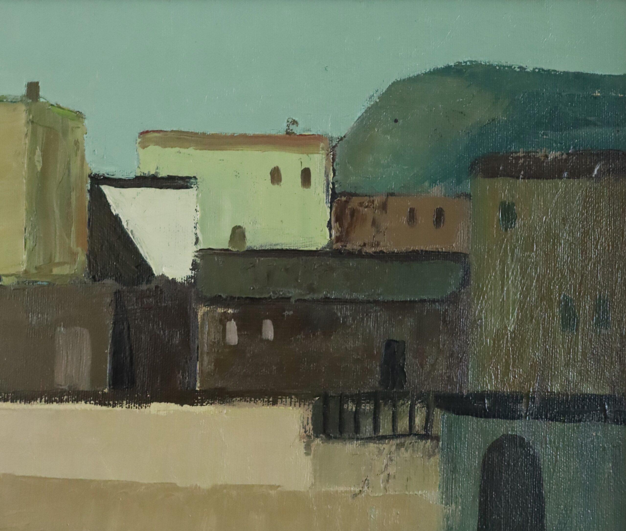 Pittura ad olio di paesaggio svedese originale della metà del secolo scorso - Villaggio illuminato dal sole in vendita 7