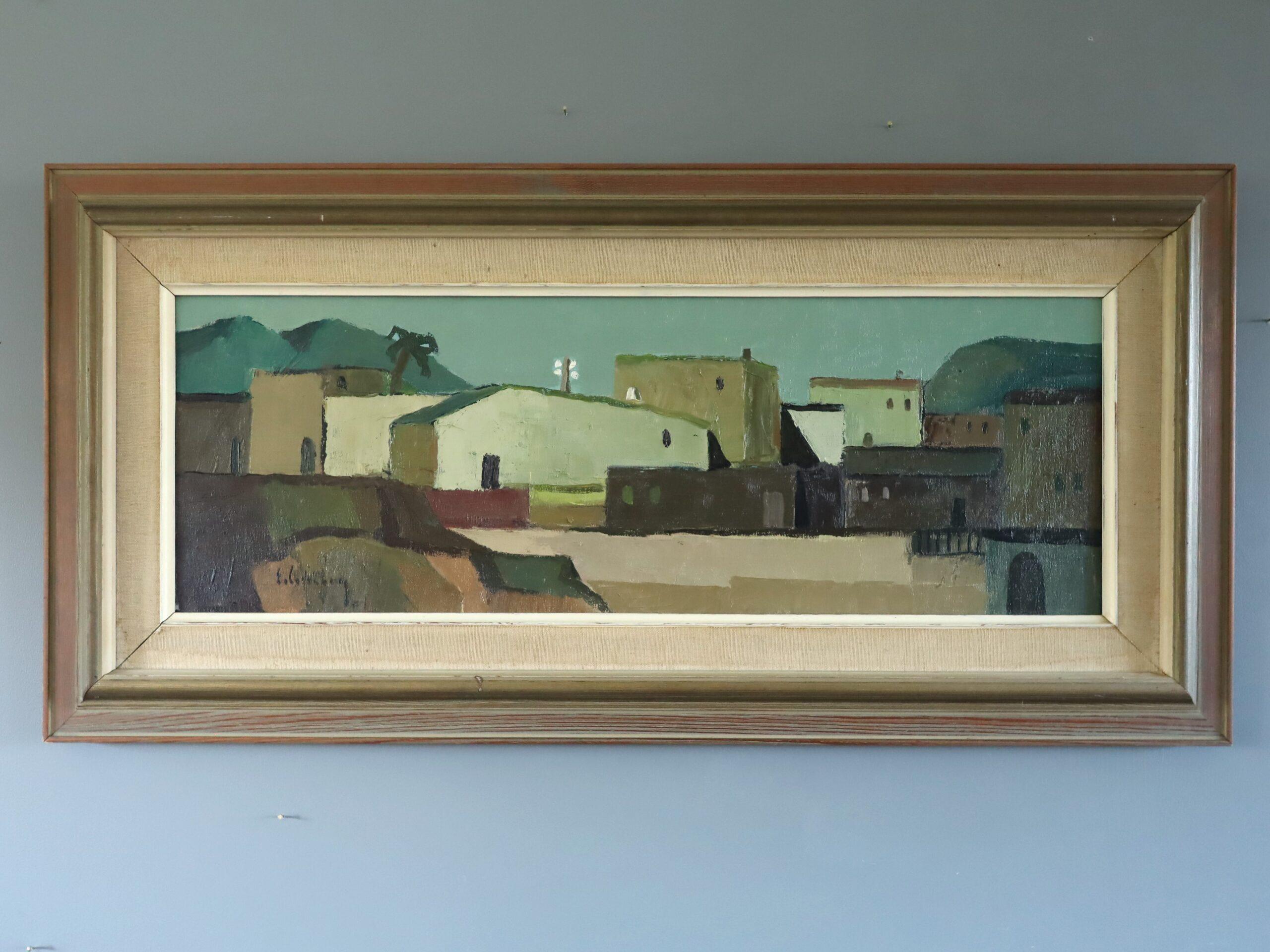 Pittura ad olio di paesaggio svedese originale della metà del secolo scorso - Villaggio illuminato dal sole - Painting di Eric Cederberg