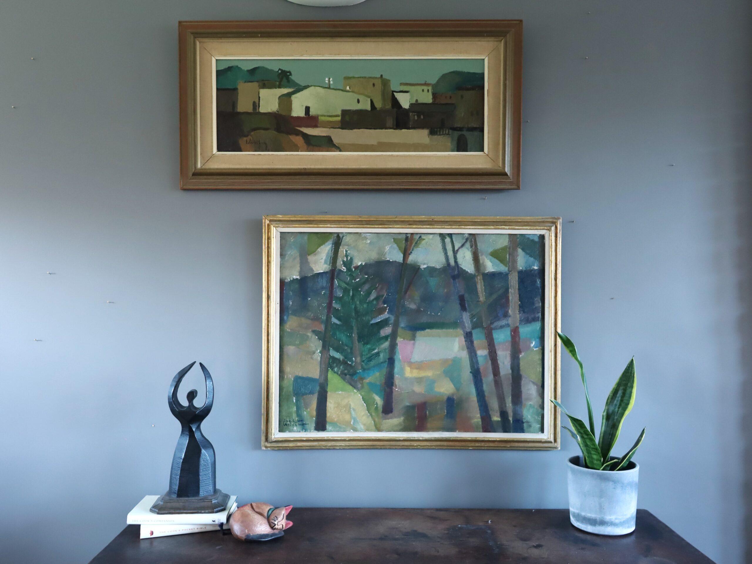 Pittura ad olio di paesaggio svedese originale della metà del secolo scorso - Villaggio illuminato dal sole - Painting Moderno di Eric Cederberg