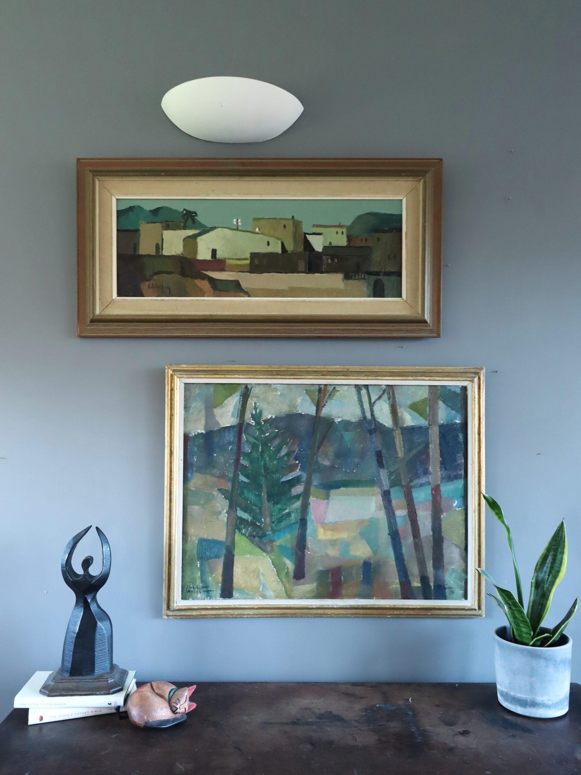 Pittura ad olio di paesaggio svedese originale della metà del secolo scorso - Villaggio illuminato dal sole - Landscape Painting Grigio di Eric Cederberg