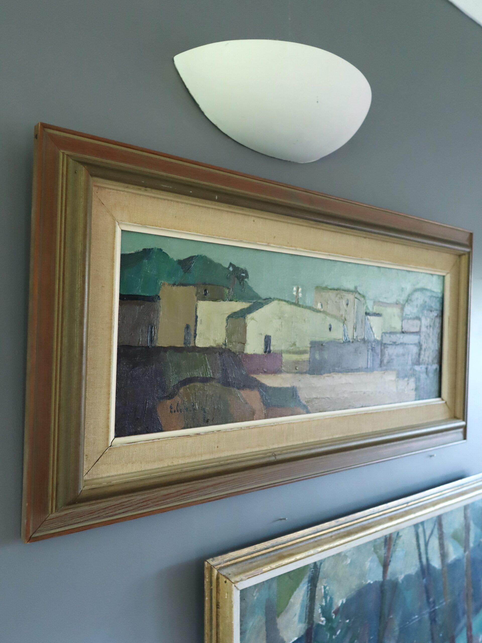 Pittura ad olio di paesaggio svedese originale della metà del secolo scorso - Villaggio illuminato dal sole in vendita 1