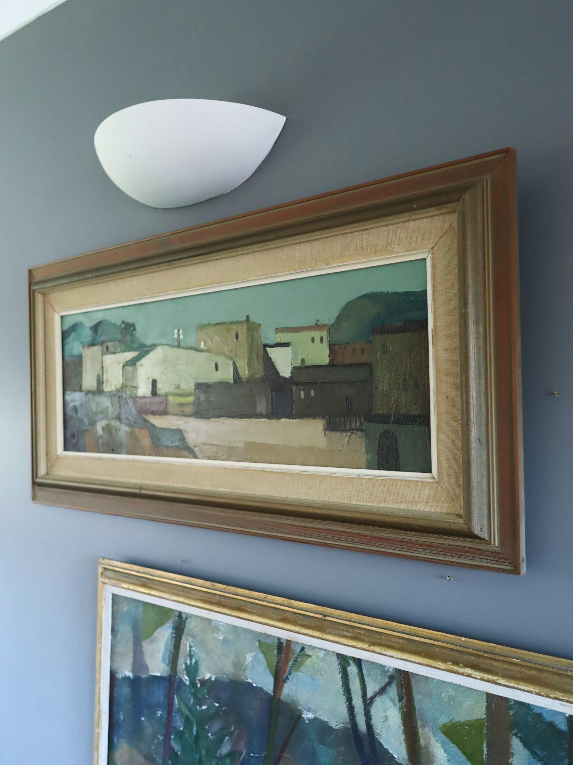 Pittura ad olio di paesaggio svedese originale della metà del secolo scorso - Villaggio illuminato dal sole in vendita 2