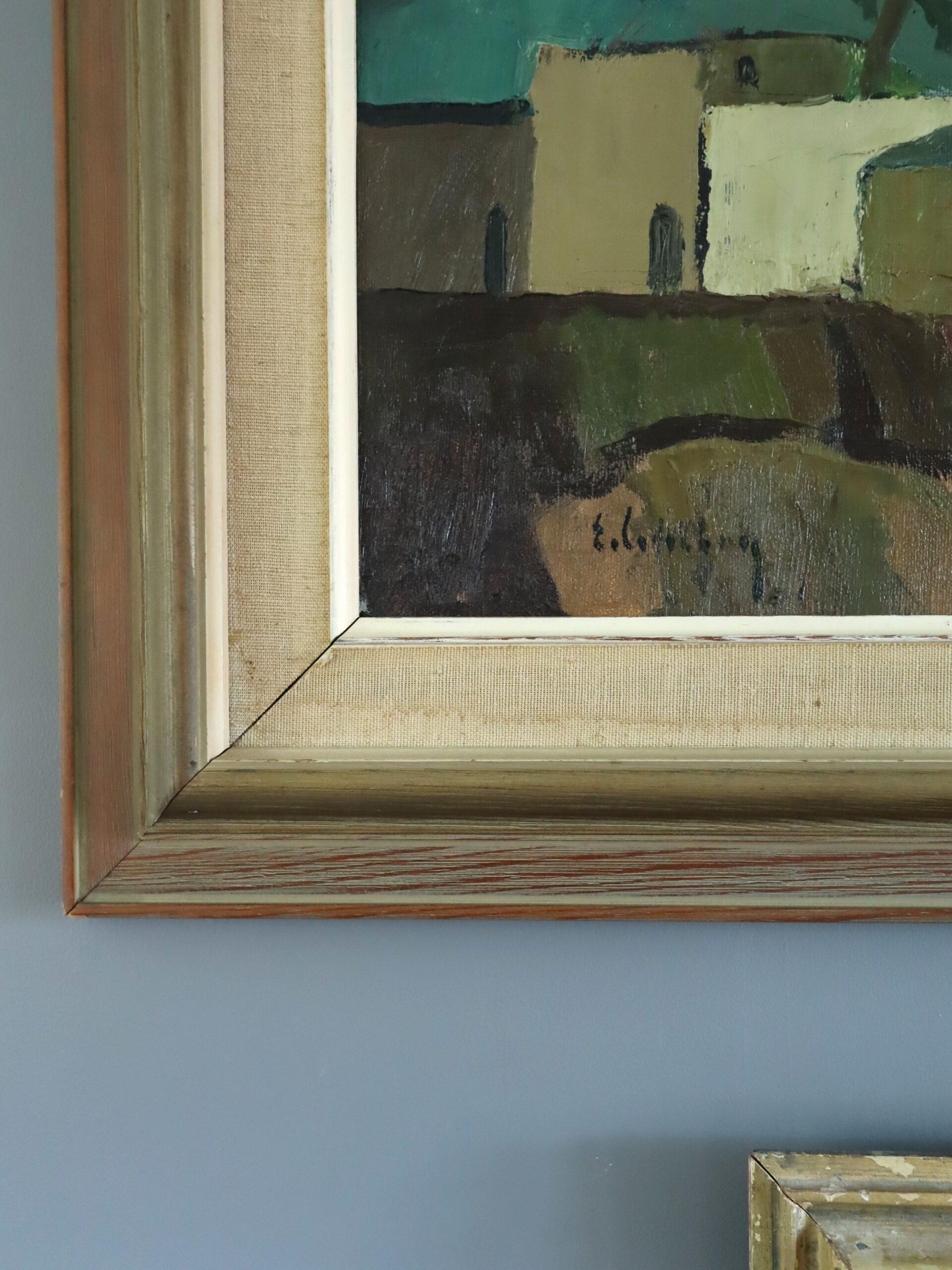 Pittura ad olio di paesaggio svedese originale della metà del secolo scorso - Villaggio illuminato dal sole in vendita 3