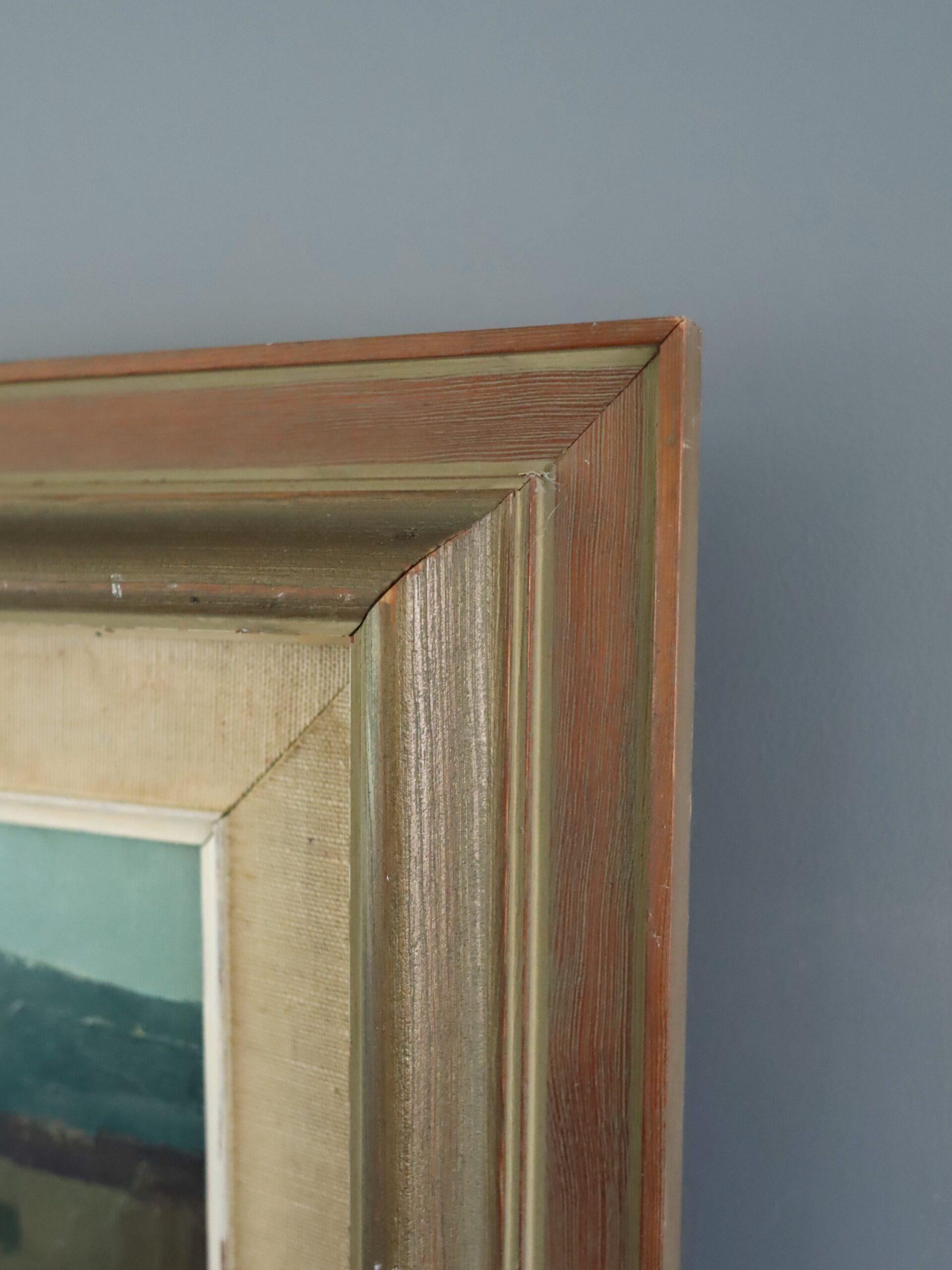 Pittura ad olio di paesaggio svedese originale della metà del secolo scorso - Villaggio illuminato dal sole in vendita 4