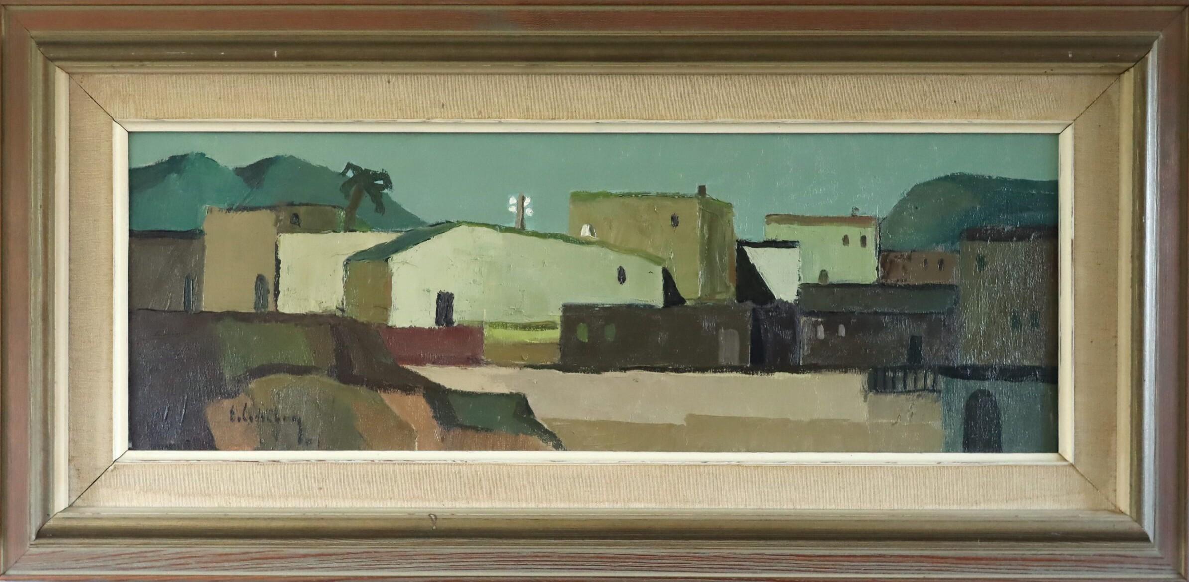 Mid Century Modern Original Swedish Landscape Oil Painting - Sunlit Village