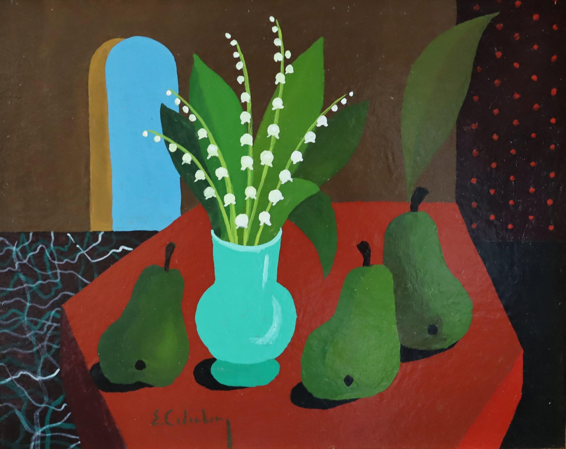Nature morte à la détrempe du milieu du siècle - Muguet et poires en vente 5