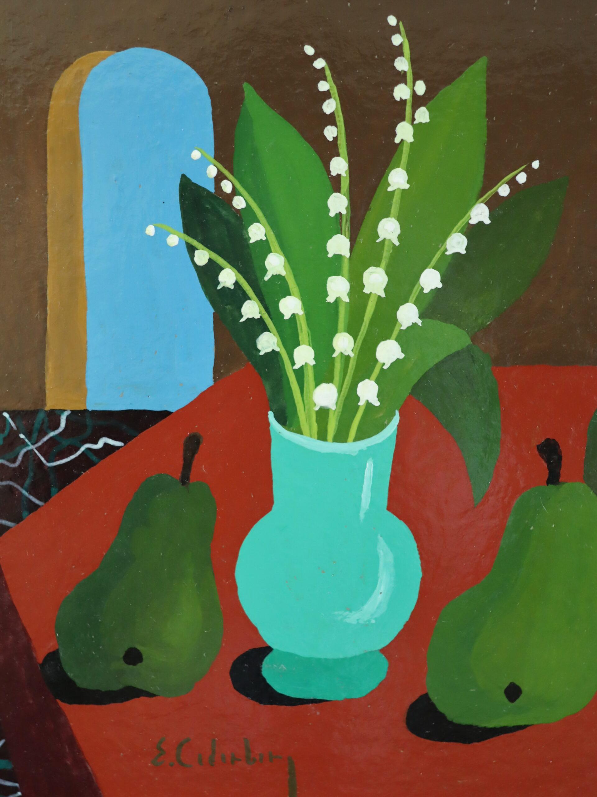 Nature morte à la détrempe du milieu du siècle - Muguet et poires en vente 6