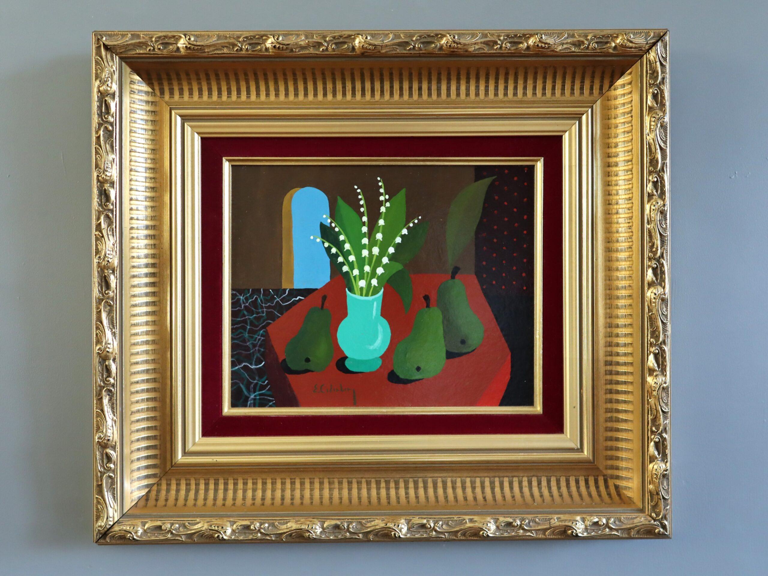 Nature morte à la détrempe du milieu du siècle - Muguet et poires - Painting de Eric Cederberg