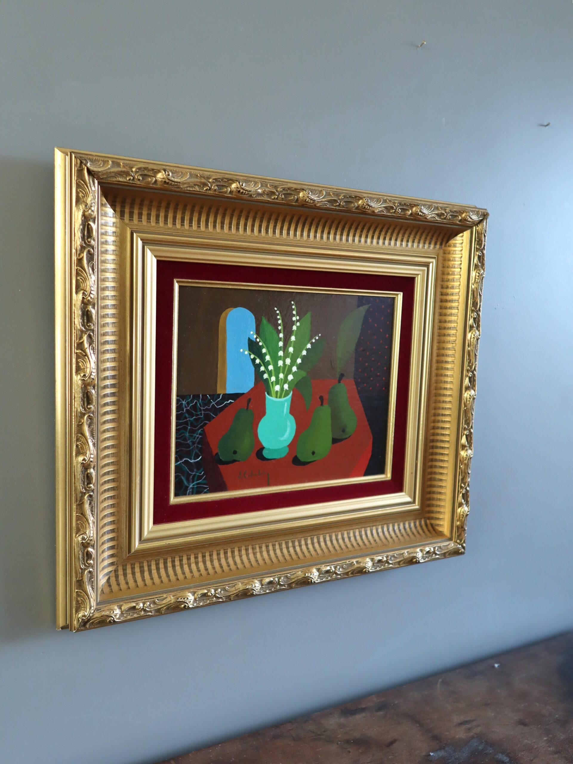 Nature morte à la détrempe du milieu du siècle - Muguet et poires - Marron Still-Life Painting par Eric Cederberg