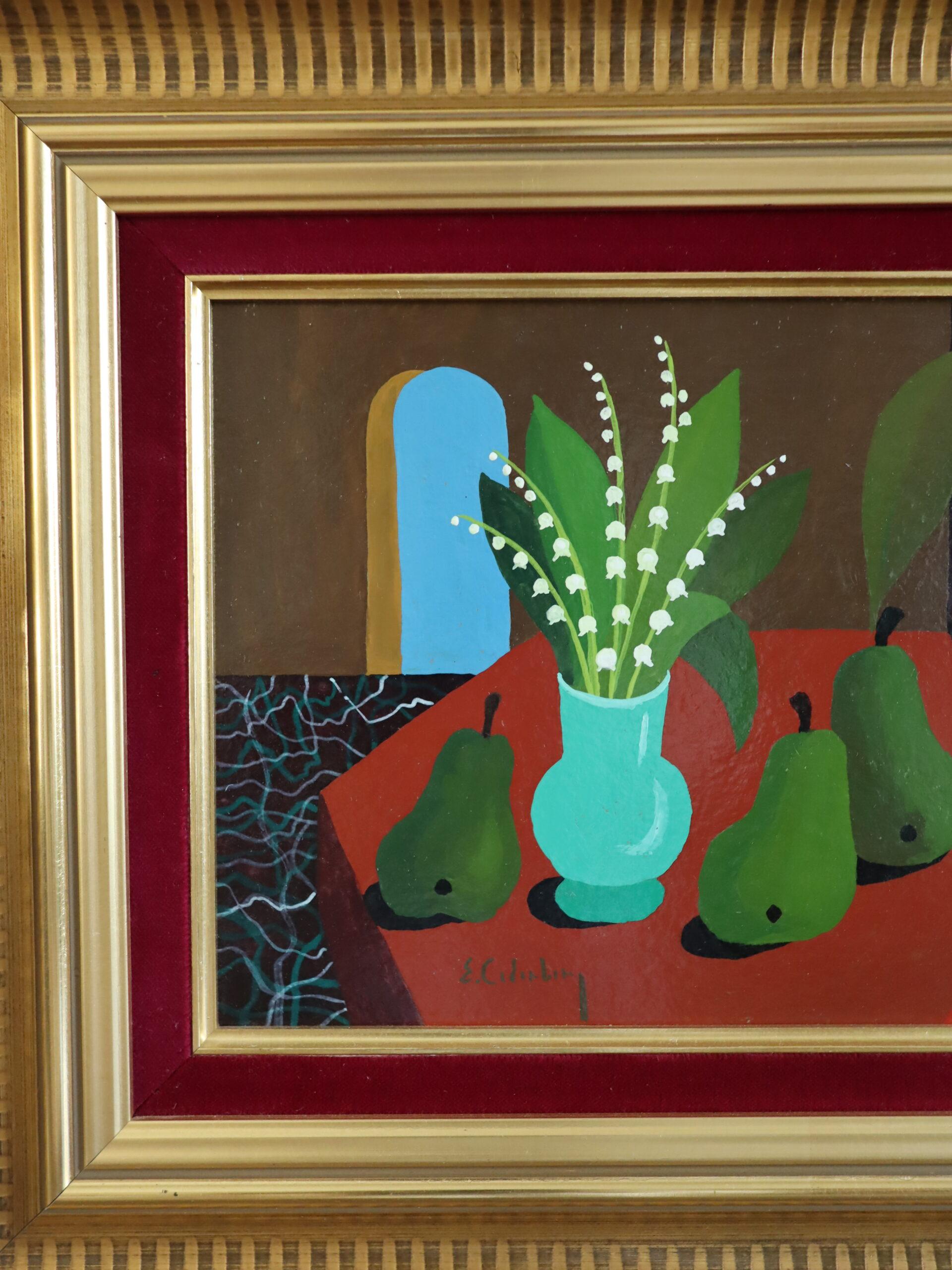 Nature morte à la détrempe du milieu du siècle - Muguet et poires en vente 3