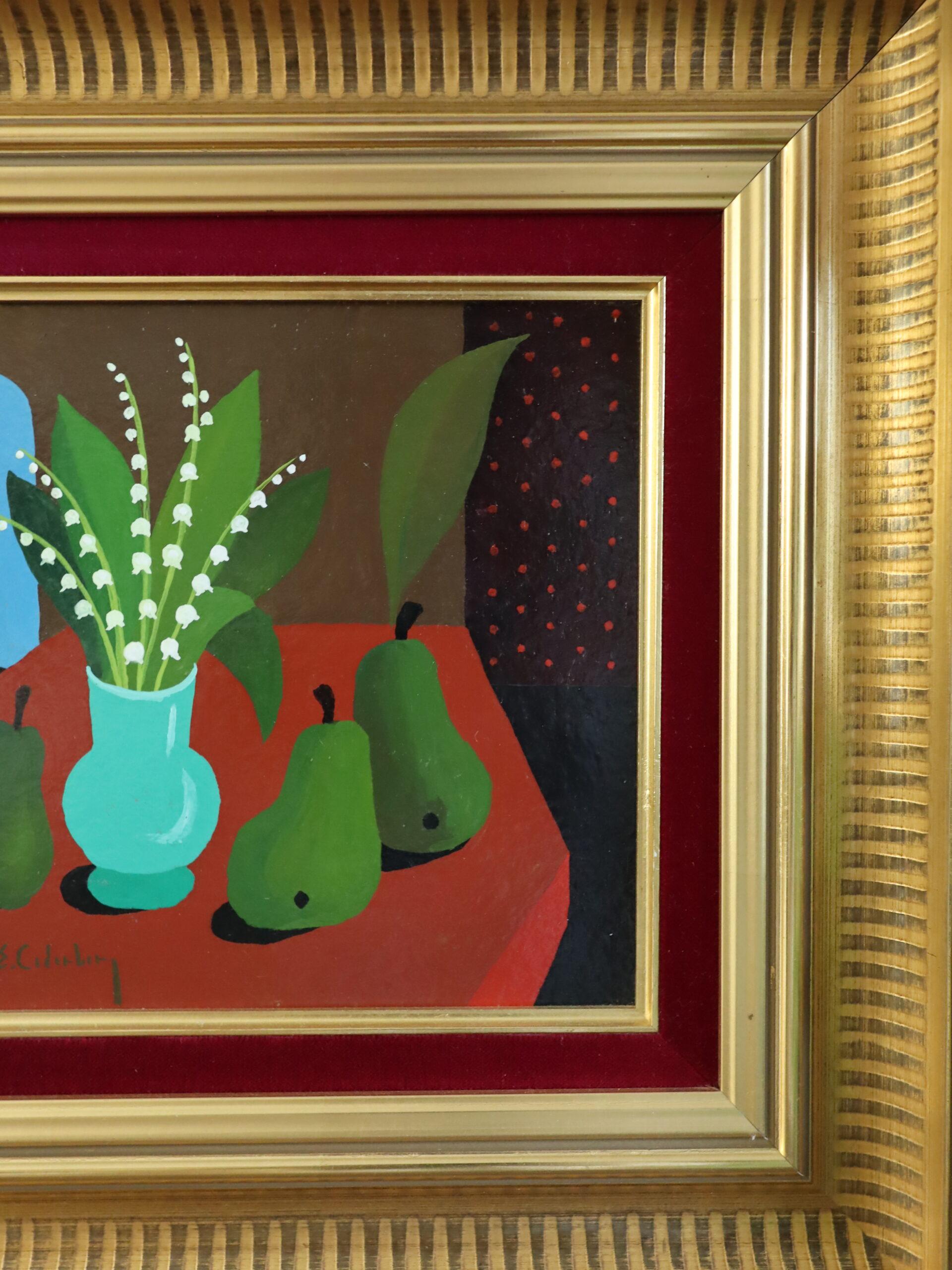 Nature morte à la détrempe du milieu du siècle - Muguet et poires en vente 4