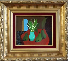 Mid Century Modern Still Life Tempera Painting - Lily of the Valley with Pears