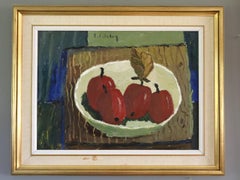 Mid Century Modern Schwedisch Ausdrucksstarkes Stillleben Ölgemälde - Karminrote Äpfel