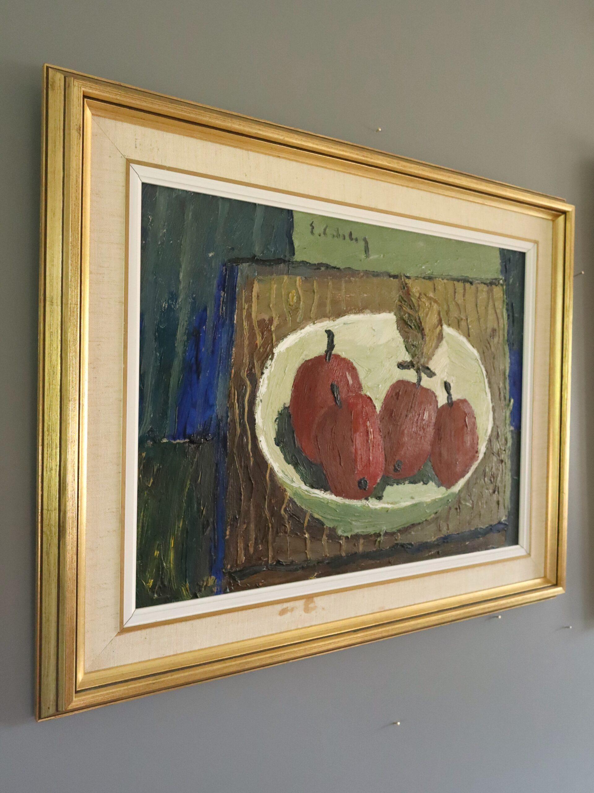 Mid Century Modern Schwedisch Ausdrucksstarkes Stillleben Ölgemälde - Karminrote Äpfel (Braun), Still-Life Painting, von Eric Cederberg