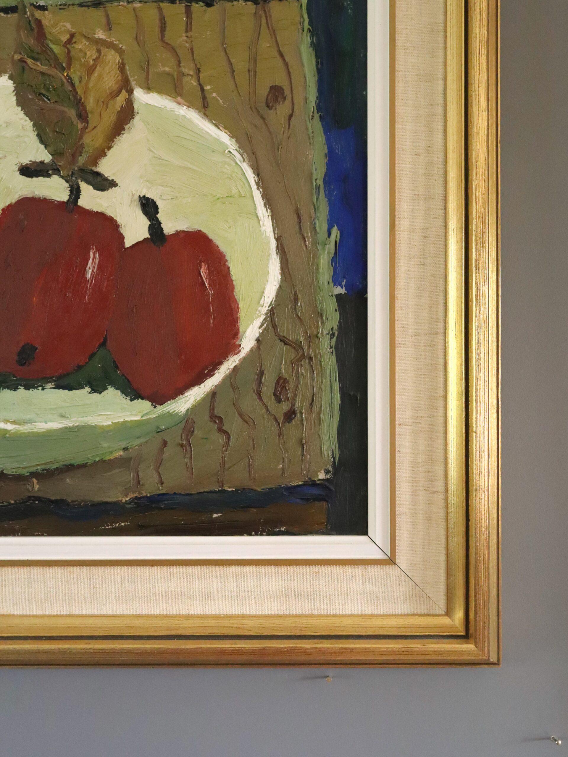 Mid Century Modern Schwedisch Ausdrucksstarkes Stillleben Ölgemälde - Karminrote Äpfel im Angebot 3