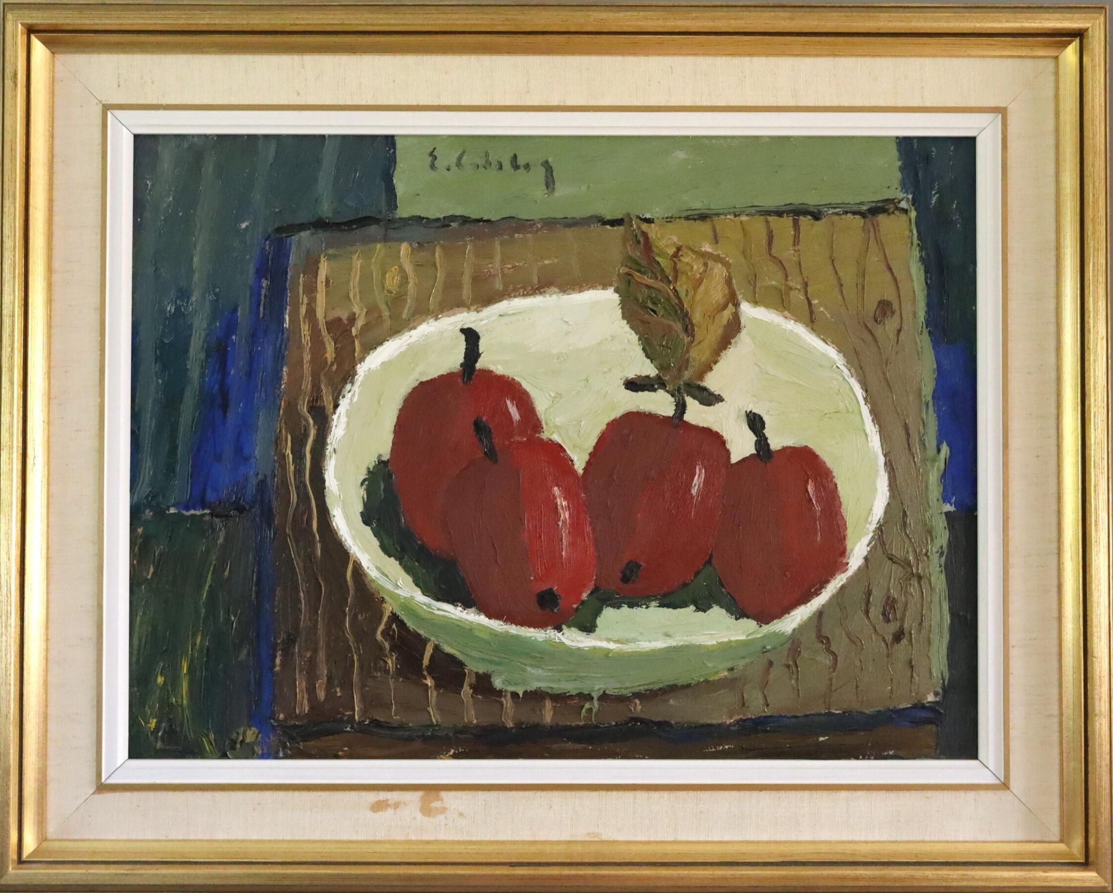 Mid Century Modern Swedish Expressive Still Life Oil Painting - Crimson Apples