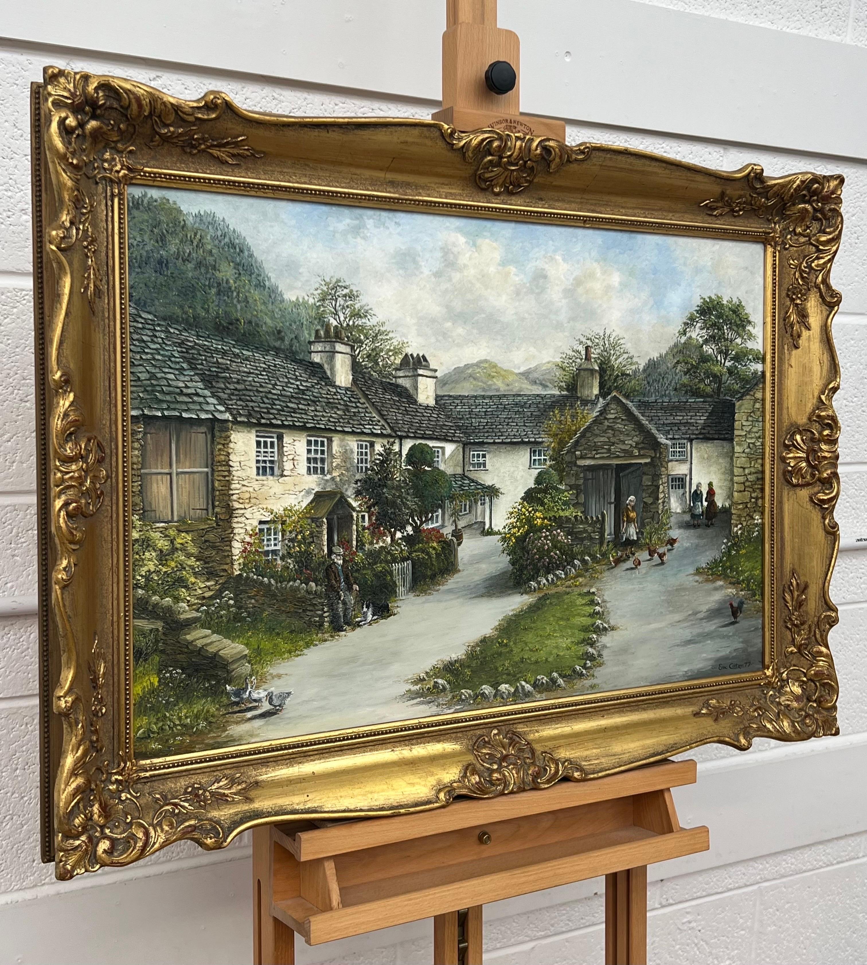 Vintage-Ölgemälde eines Dorfes im Lake District in der englischen Landschaft – Painting von Eric Cottam
