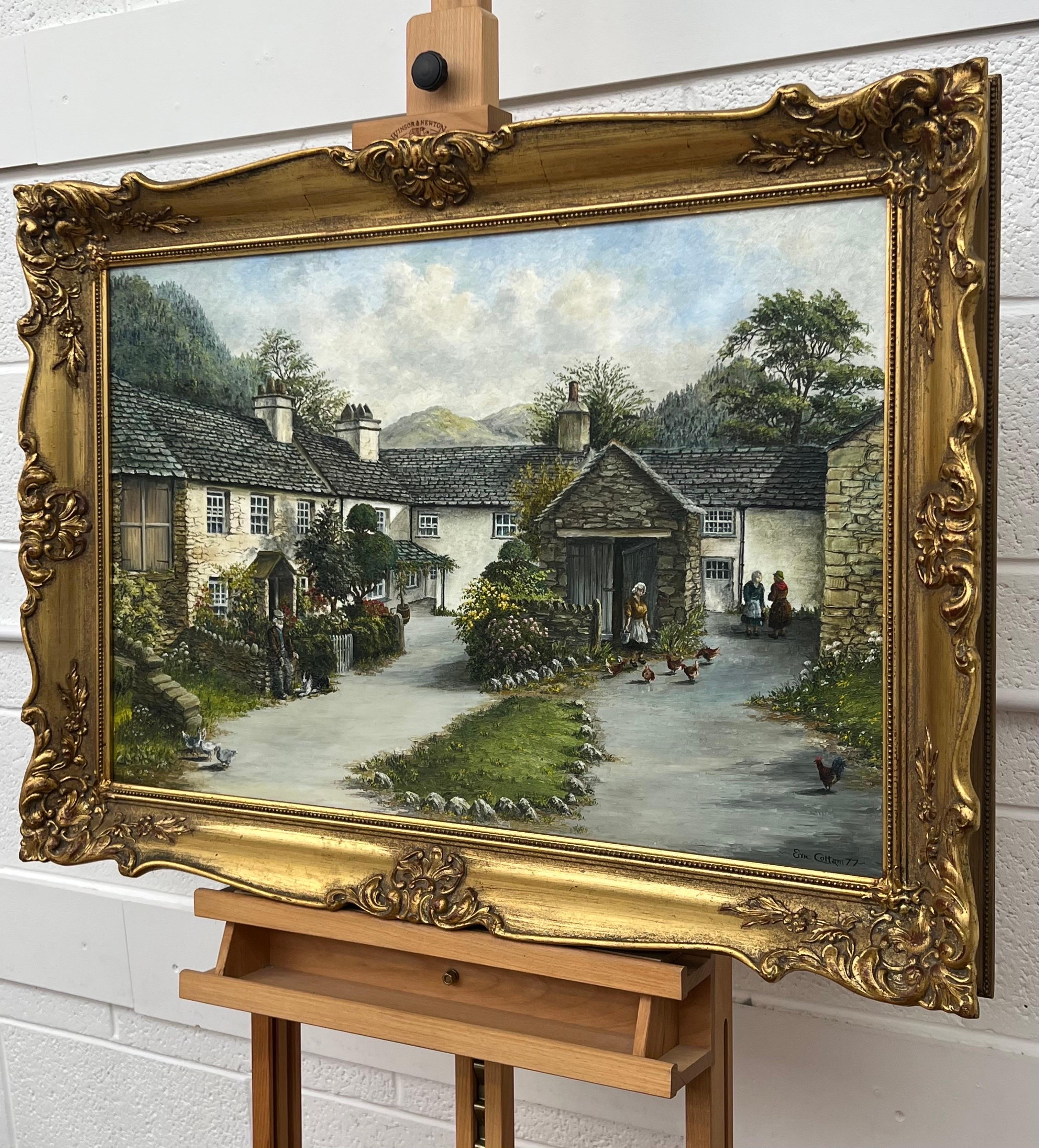 Pittura a olio d'epoca di un villaggio del Lake District nella campagna inglese 1
