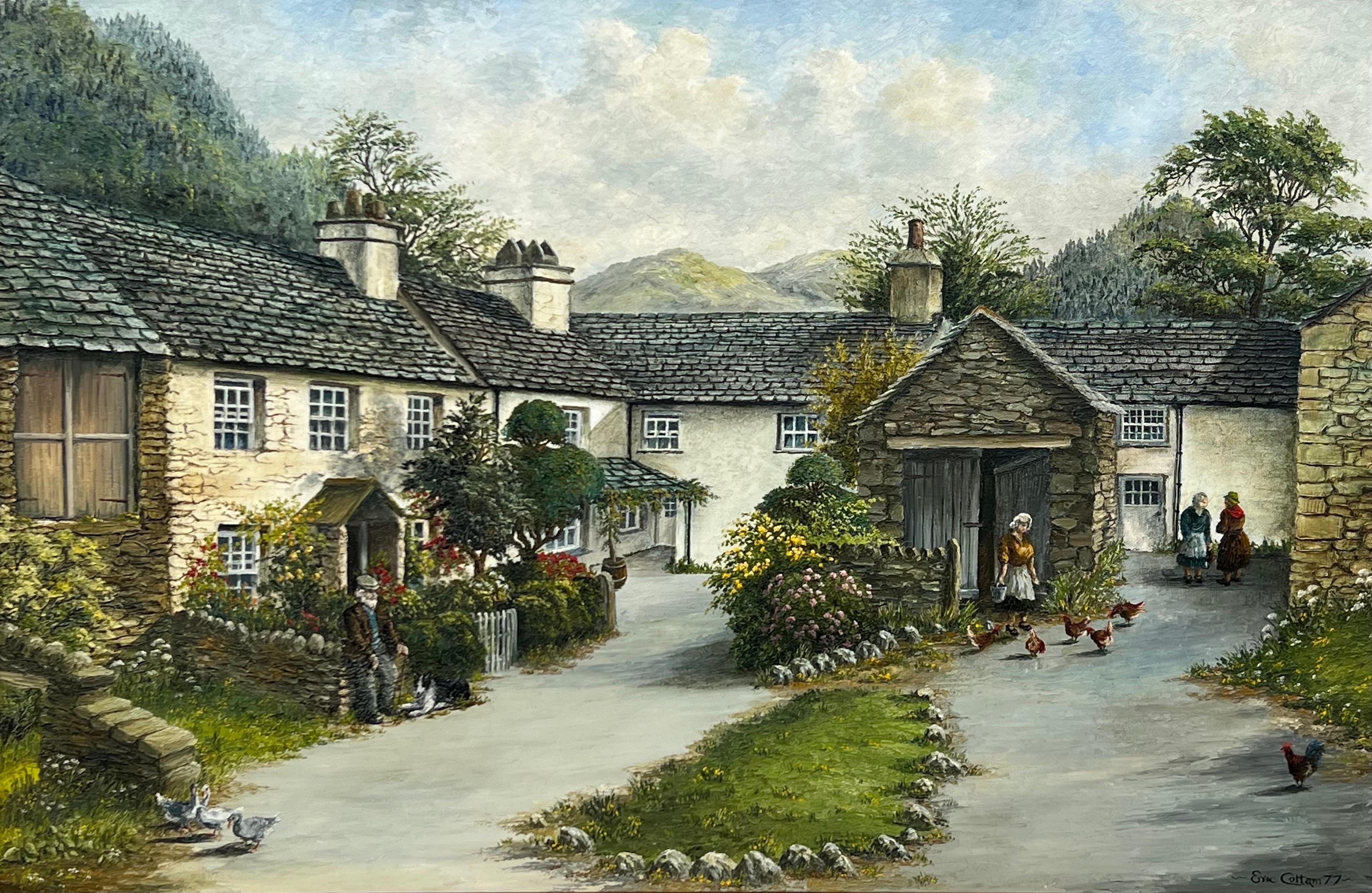Vintage-Ölgemälde eines Dorfes im Lake District in der englischen Landschaft 2