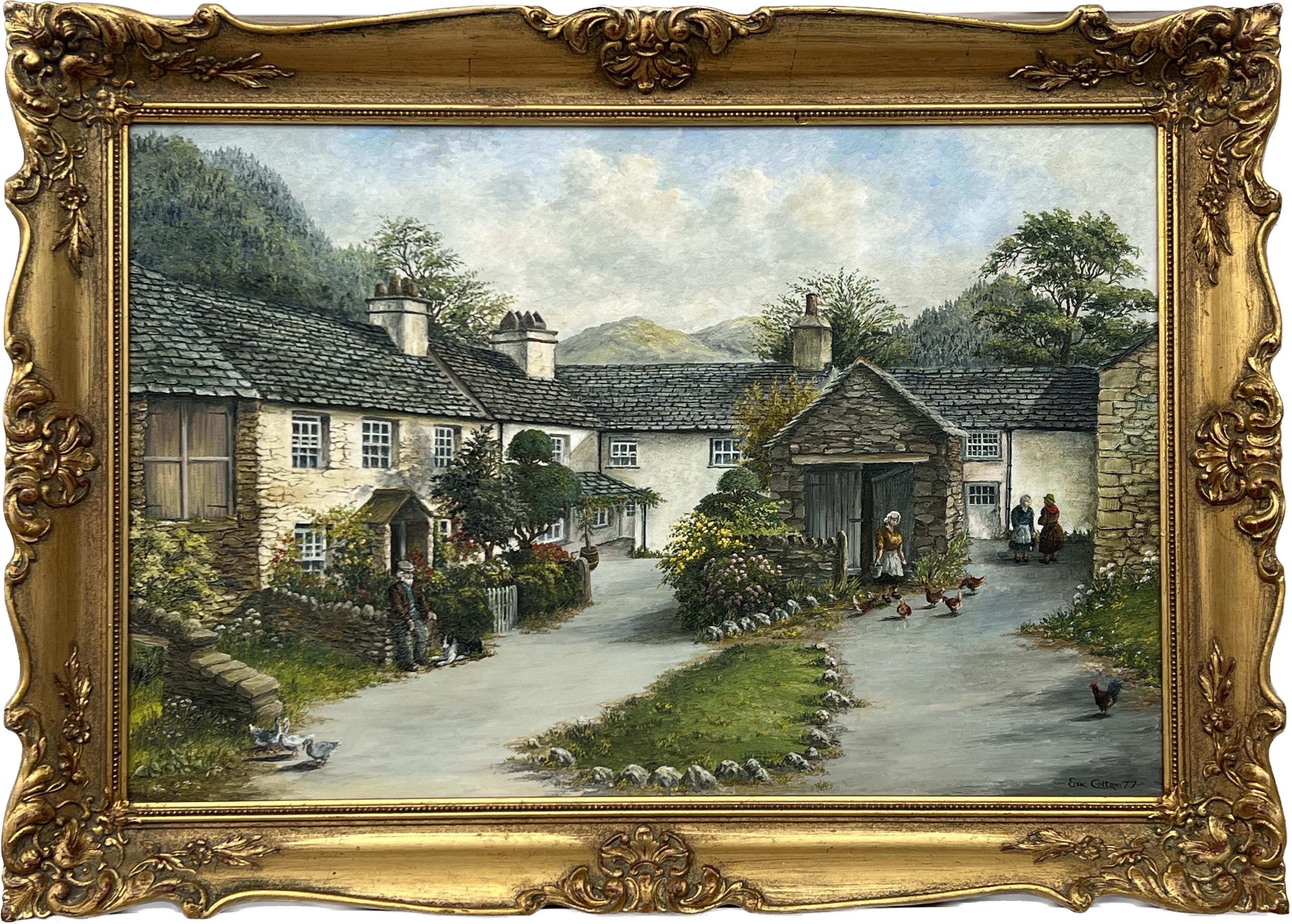 Eric Cottam Figurative Painting – Vintage-Ölgemälde eines Dorfes im Lake District in der englischen Landschaft