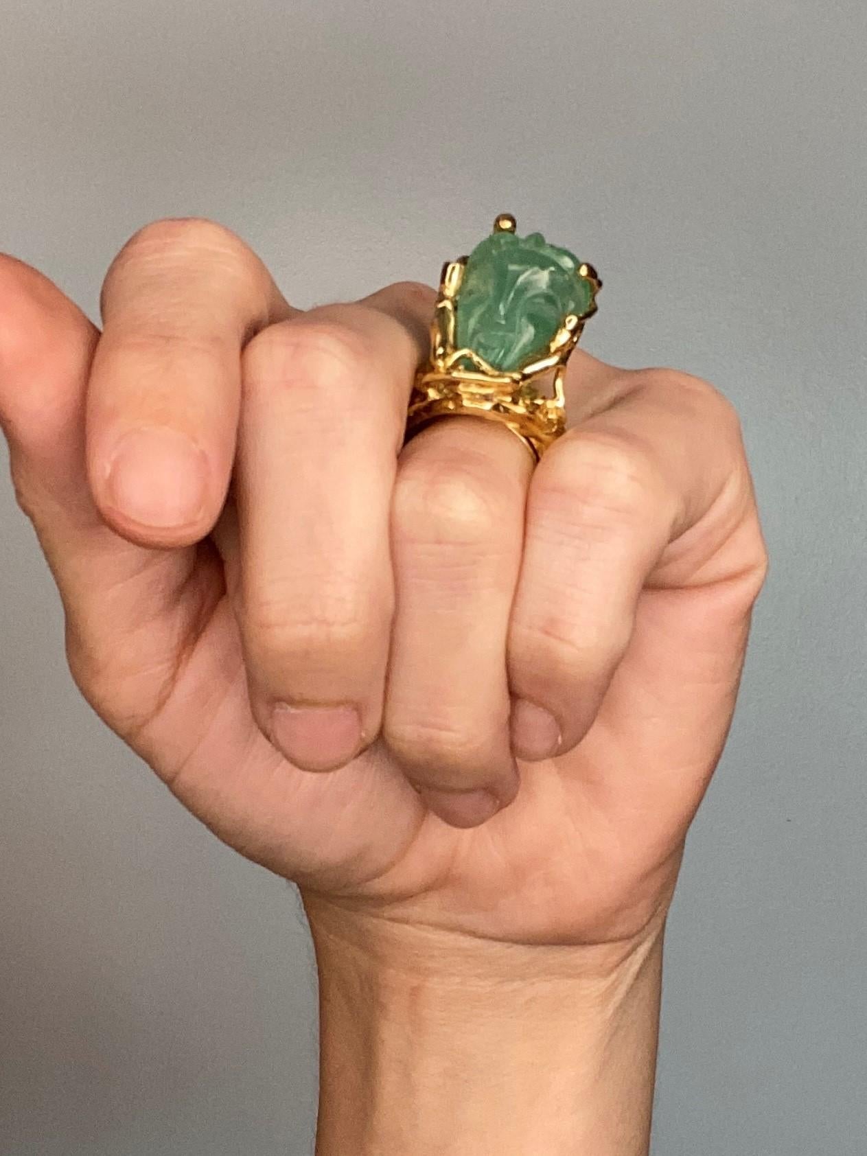 Eric De Kolb 1960 Rare Statement Ring in 18Kt Gold with 28.53 Cts Carved Emerald 6