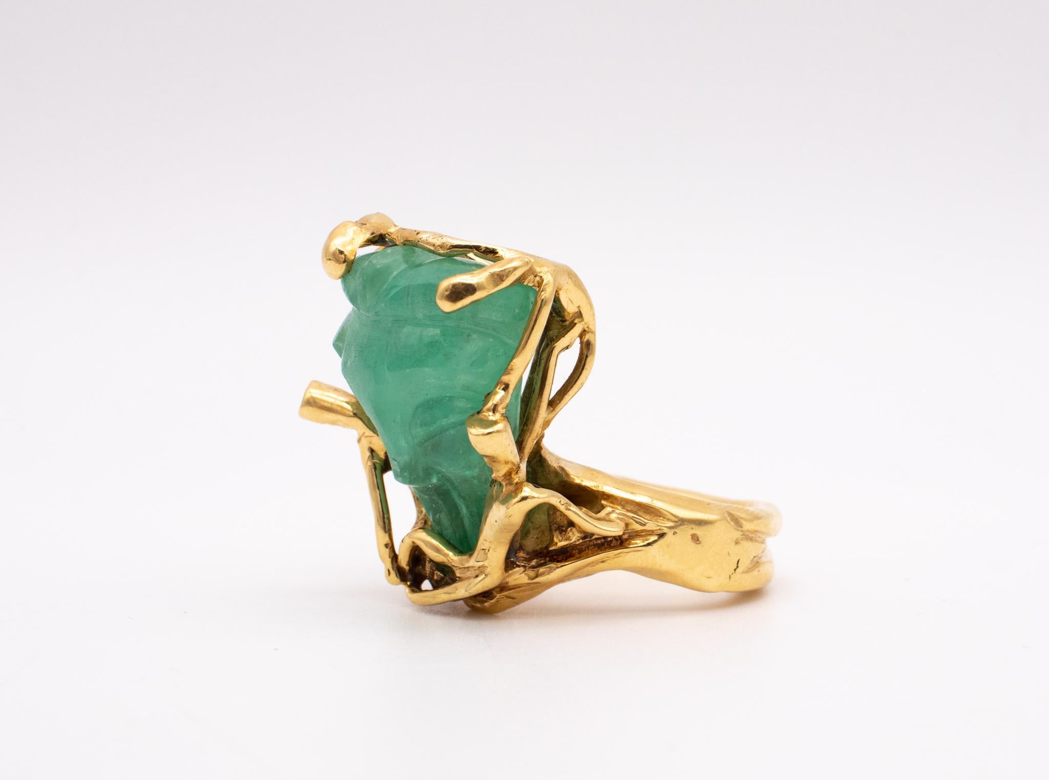 Eric De Kolb 1960 Rare Statement Ring in 18Kt Gold with 28.53 Cts Carved Emerald 1