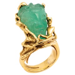 Vintage Eric De Kolb 1960 Rare Statement Ring in 18Kt Gold with 28.53 Cts Carved Emerald