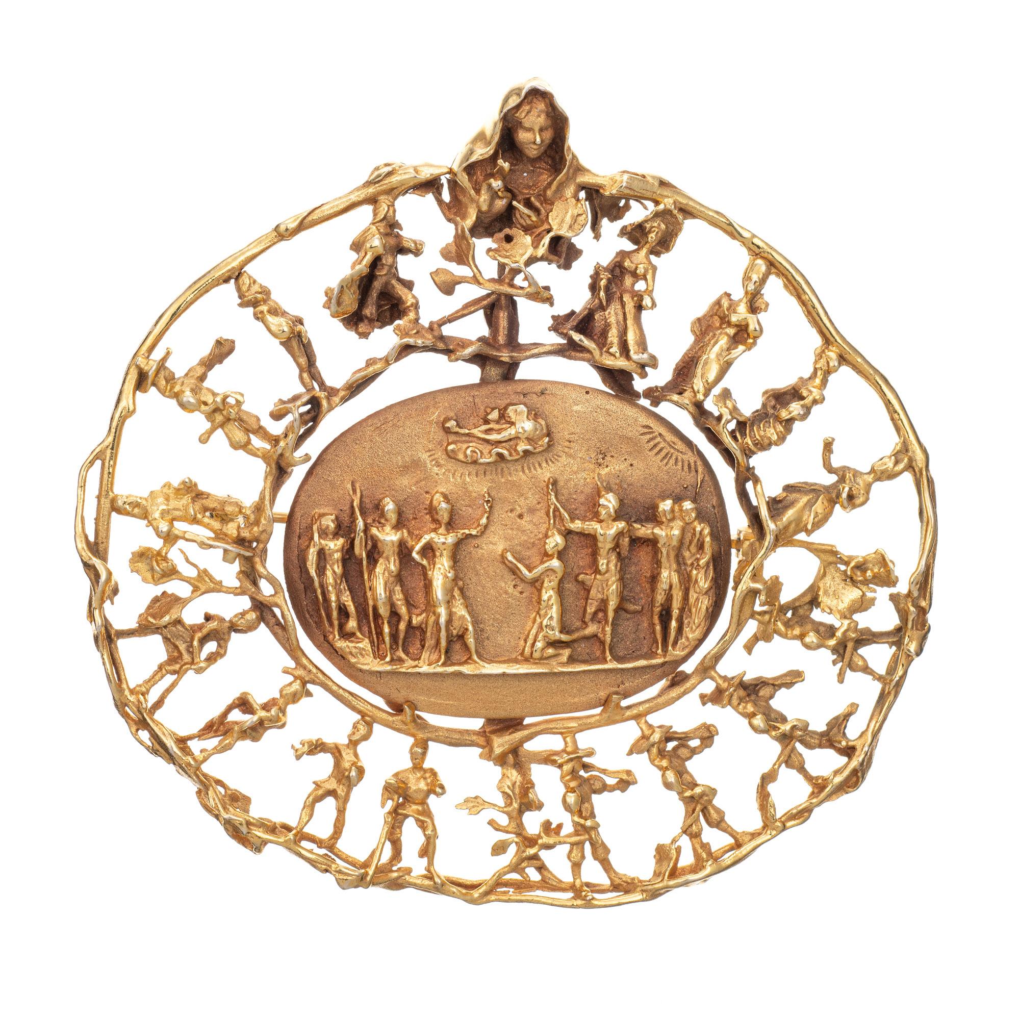 Eric de Kolb Allegorischer Anhänger Vintage 14k Gelbgold Großes Medaillon Schmuck (Moderne)