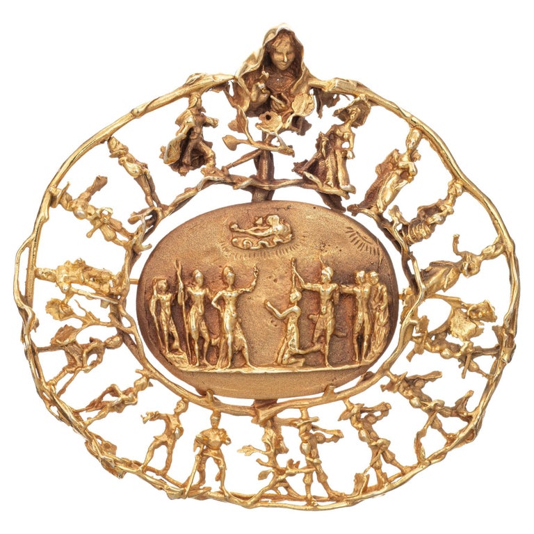 Eric de Kolb Allegorical Pendant Vintage 14k Yellow Gold Large Medallion  Jewelry at 1stDibs