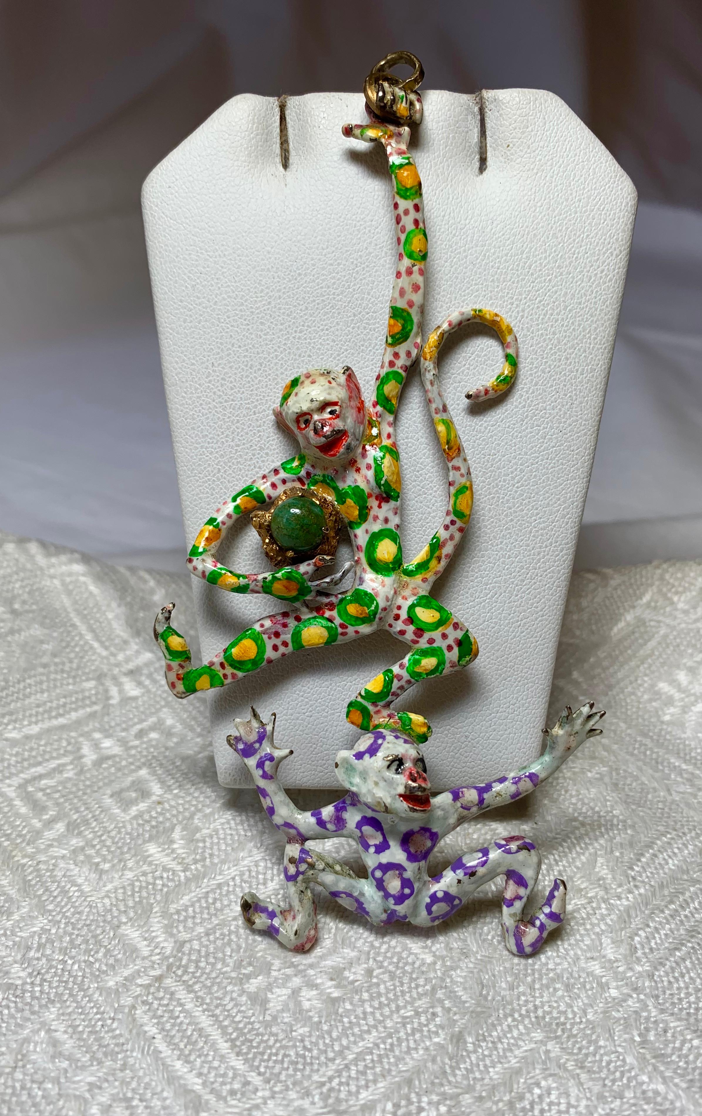 Bead Eric de Kolb Monkey Pendant Necklace Original Sculpture Enamel Amazonite Gold