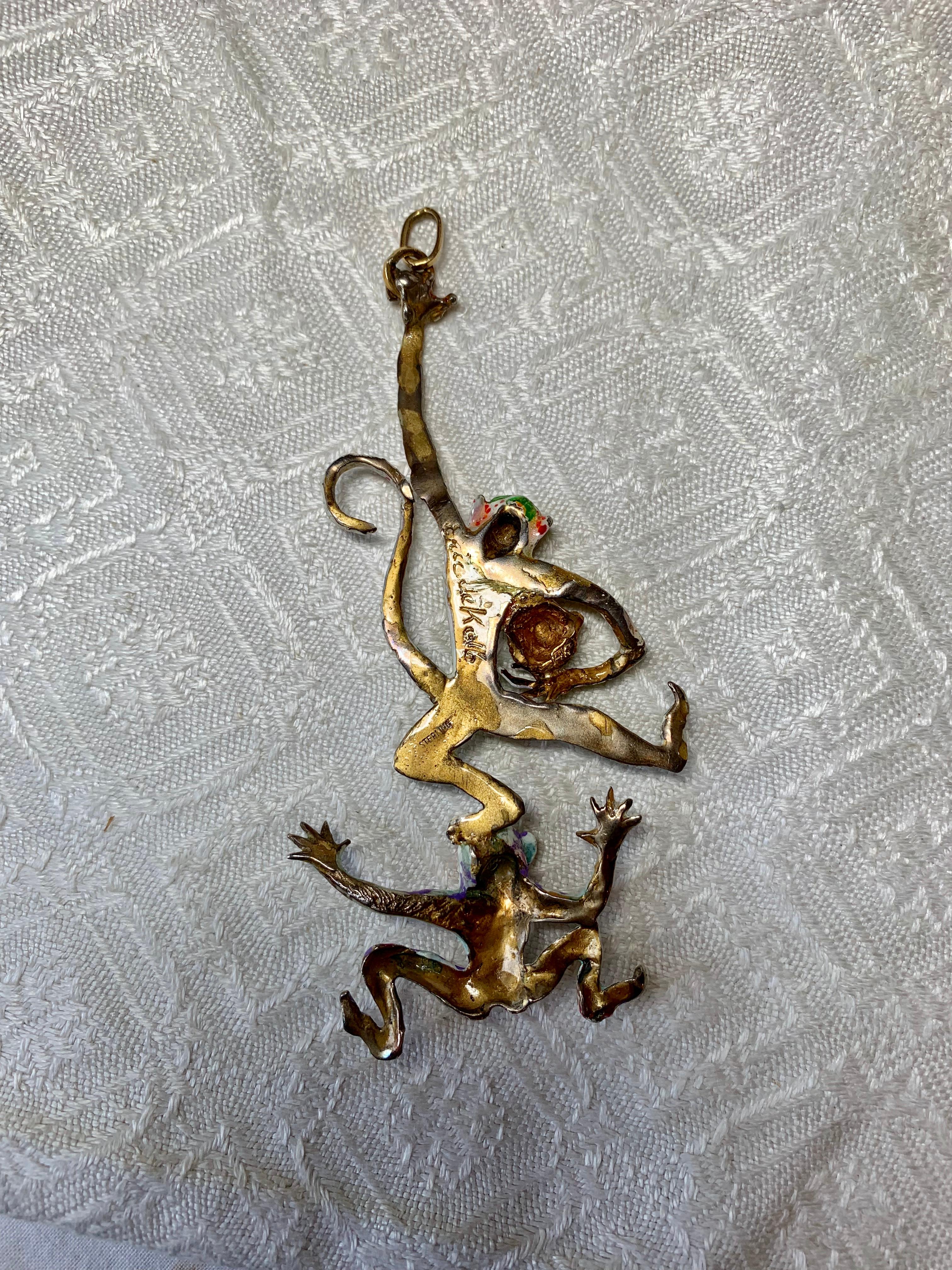 Eric de Kolb Monkey Pendant Necklace Original Sculpture Enamel Amazonite Gold In Good Condition In New York, NY
