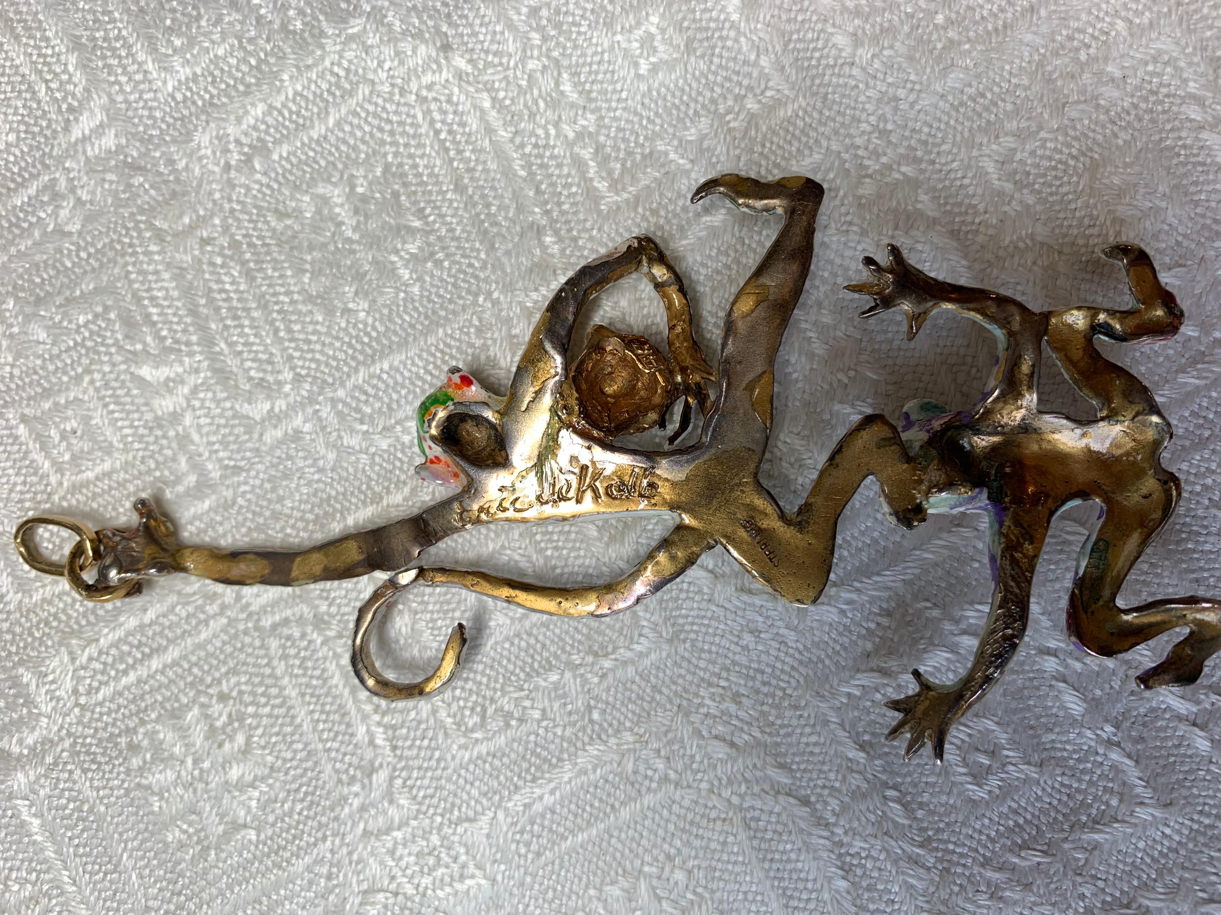 Women's Eric de Kolb Monkey Pendant Necklace Original Sculpture Enamel Amazonite Gold