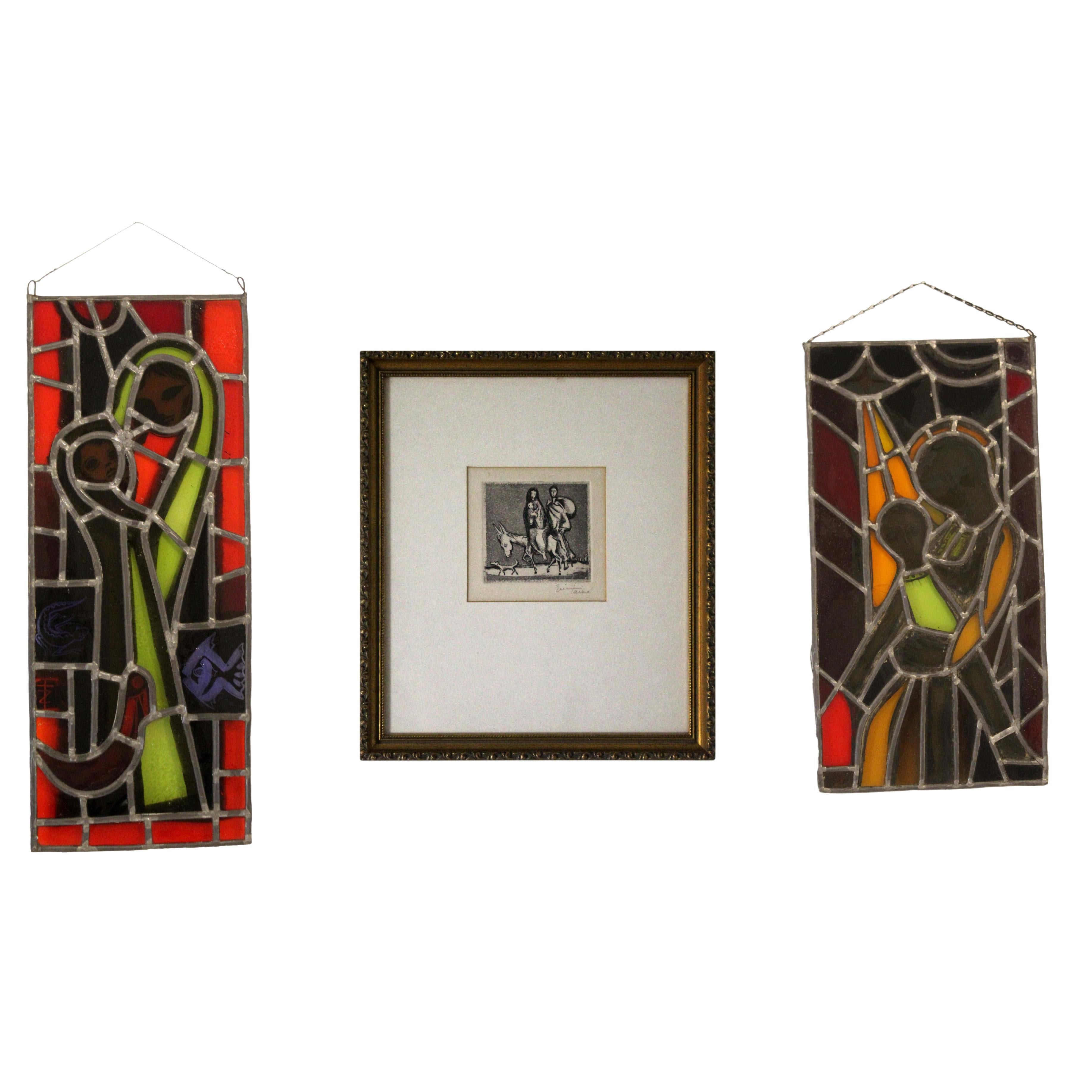 Eric de Saussure Pair of Religious Lead Glass Windows and Flight into Egypt Etch