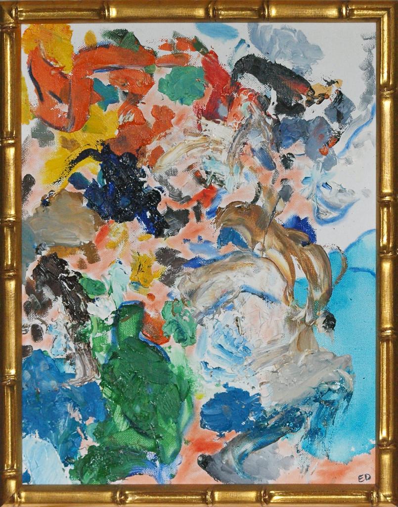 Colourful abstract oil on canvas by Eric Demarchelier, restauranteur on East 86th St in NYC, 
artist & brother to Patrick Demarchelier, (1943-2022) famous Vogue fashion photographer.

Signed ED (LR) & dated 2003 on verso

Art Sz: 13 5/8"H x 10