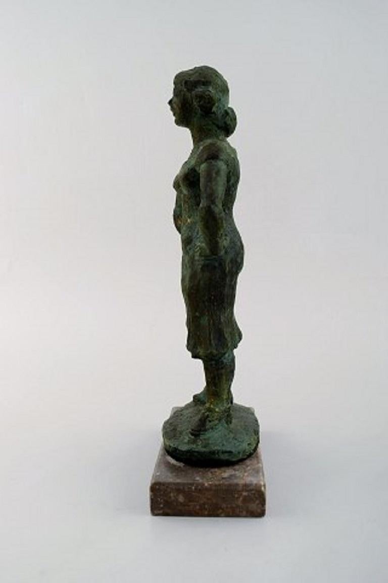 20th Century Eric Demuth Swedish Sculptor, Bronze Sculpture on Marble Base, Woman 1940s-1950s