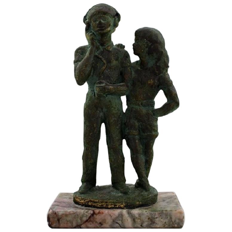 Eric Demuth, Swedish Sculptor, Bronze Sculpture on Marble Base, Young Couple For Sale