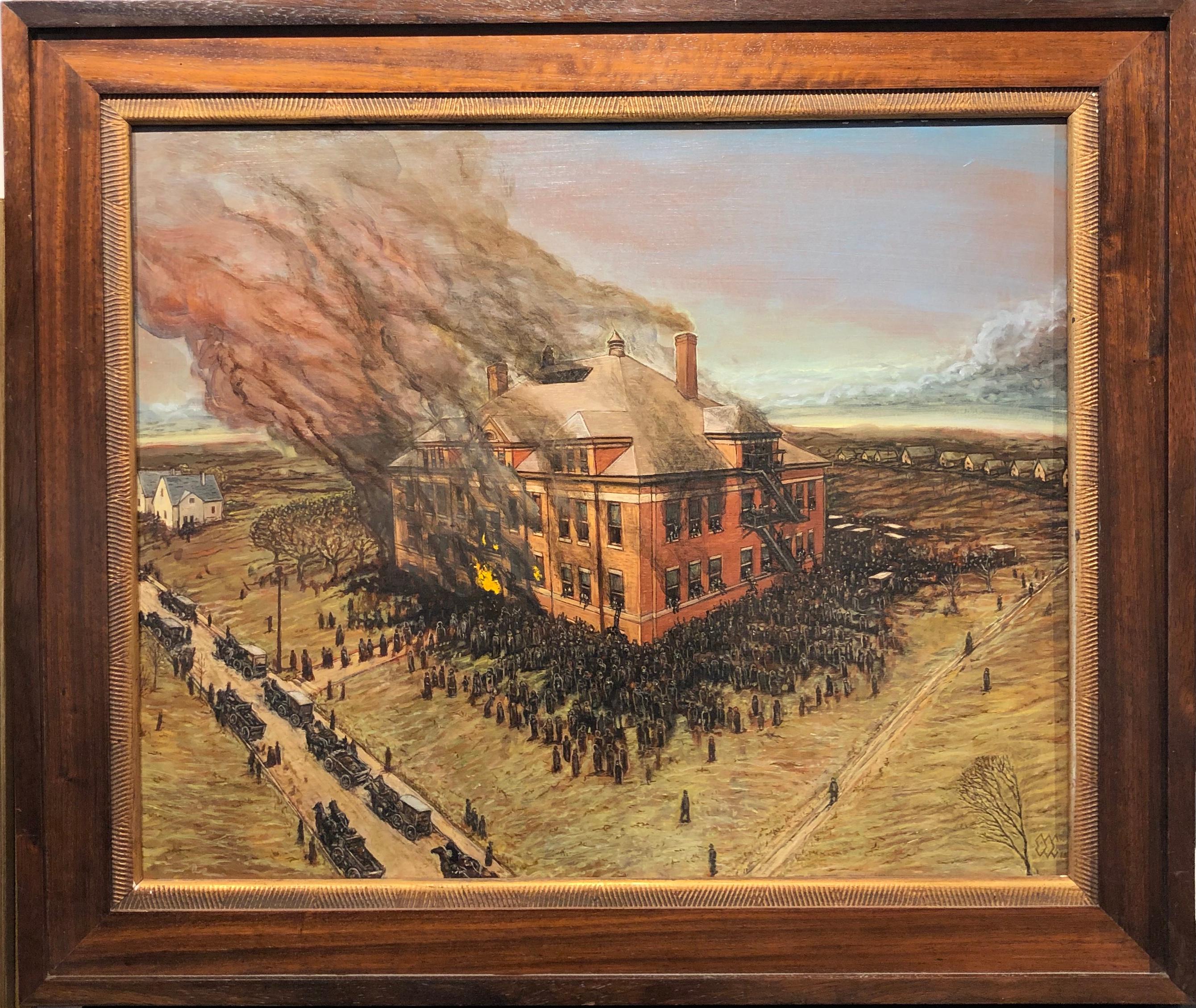Collinwood School Feuer, Collinwood, Ohio, 1908. Öl auf Leinwand, gerahmt – Painting von Eric Edward Esper