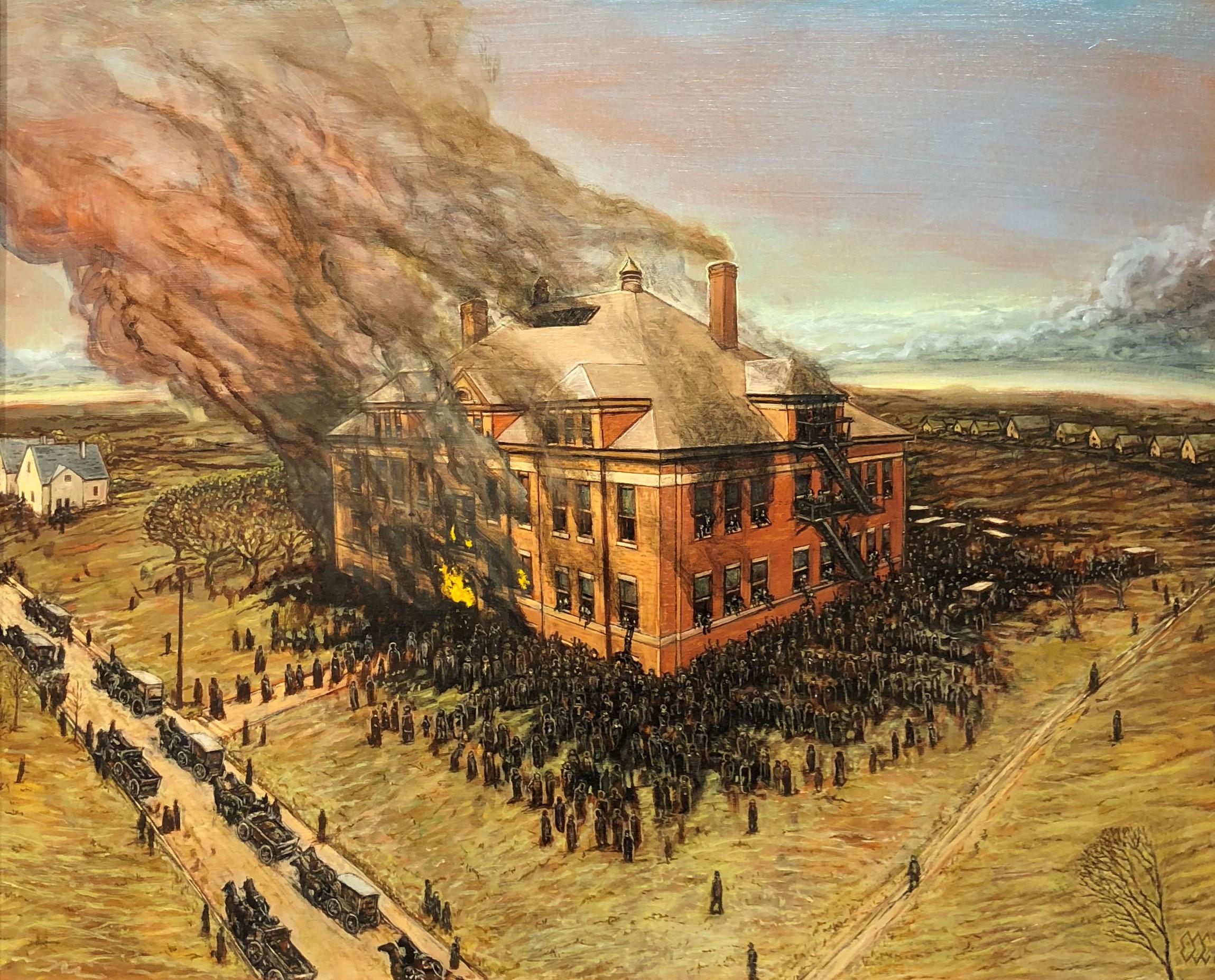 Eric Edward Esper Landscape Painting – Collinwood School Feuer, Collinwood, Ohio, 1908. Öl auf Leinwand, gerahmt