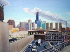 Hubbard's Cave - Urban Landscape in the Heart of Chicago, Original Oil, Framed