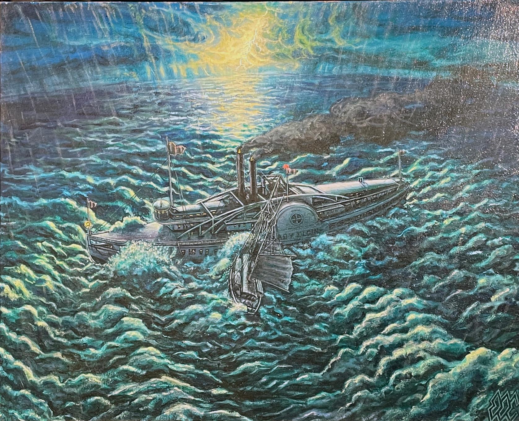 L'ultimo viaggio della Lady Elgin - Dipinto dettagliato di un disastro navale storico - Landscape Painting Blu di Eric Edward Esper