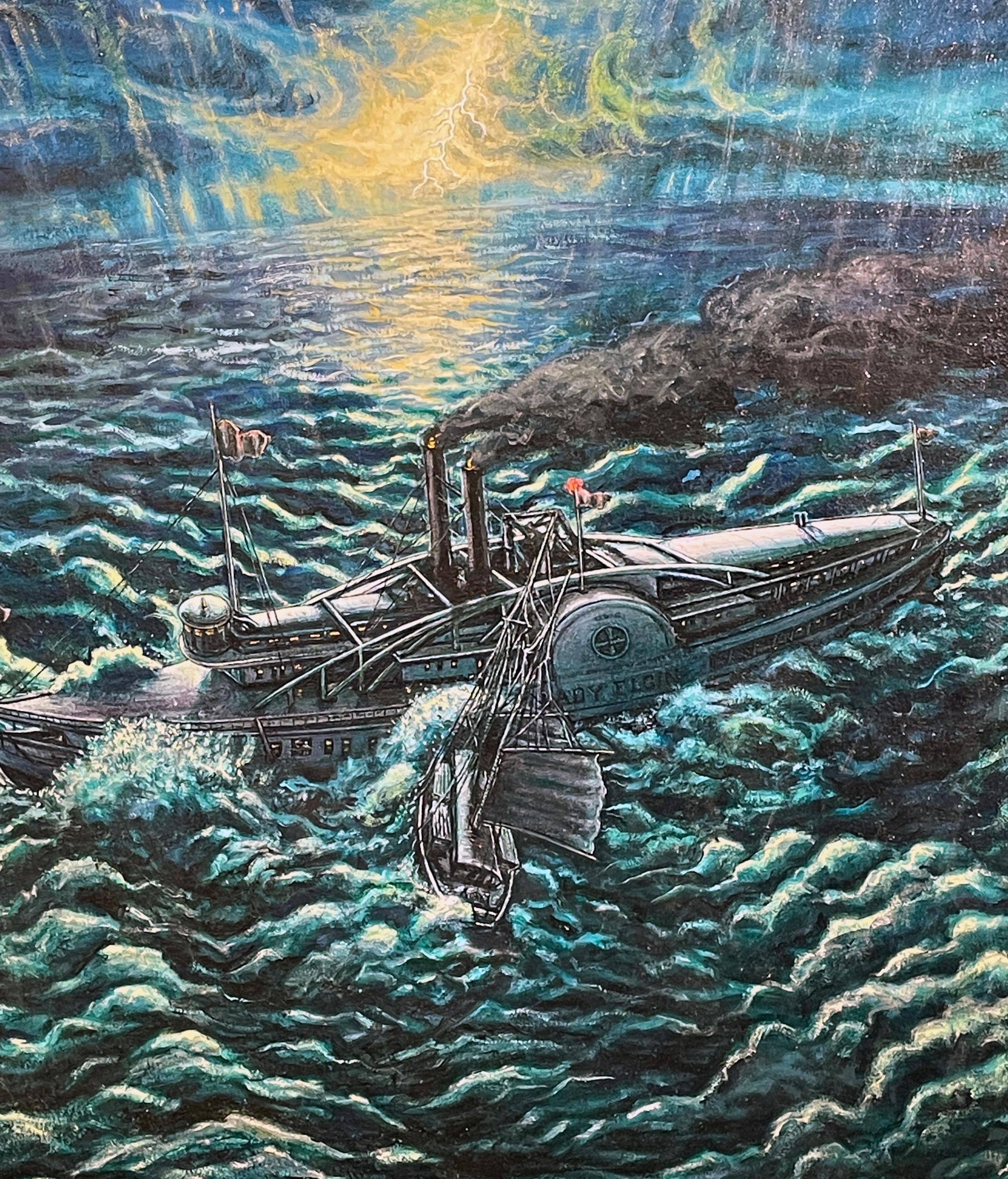 Last Voyage of the Lady Elgin - Detailed Painting of an Historic Ship Disaster - Blue Landscape Painting by Eric Edward Esper